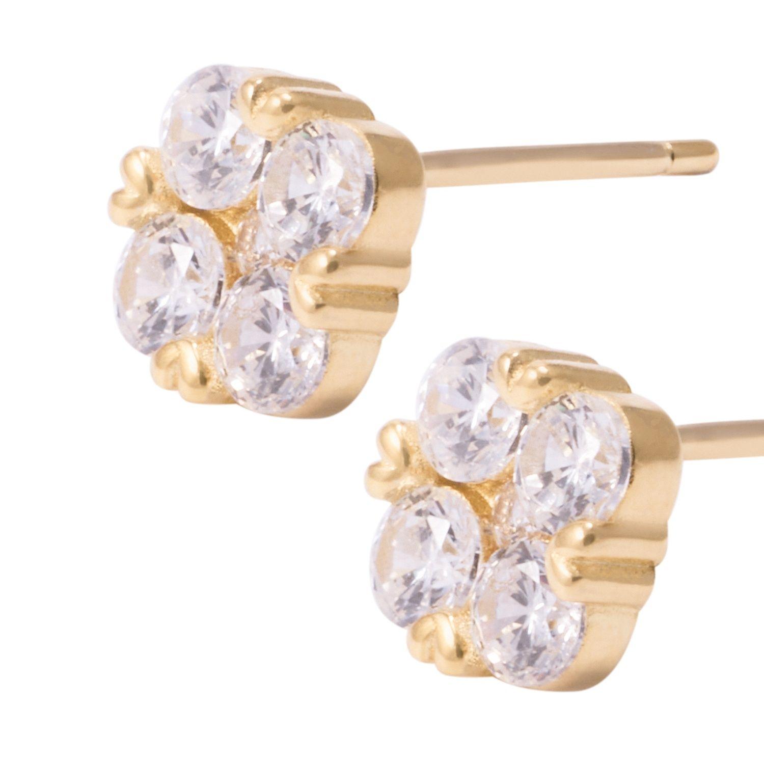 Aros de Plata Esterlina Flor Cuatro Circones Revestido en Oro 18kt-1