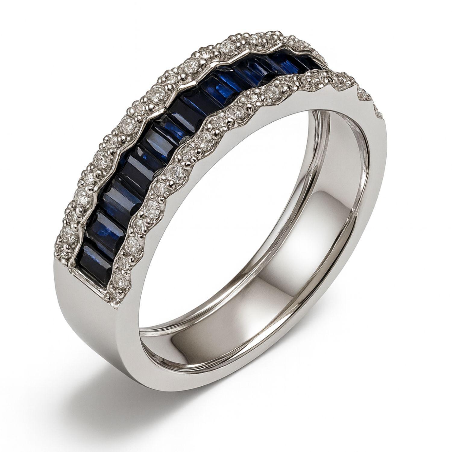 Anillo Oro Blanco 18kt Diamantes 32 Pts y Zafiros-0