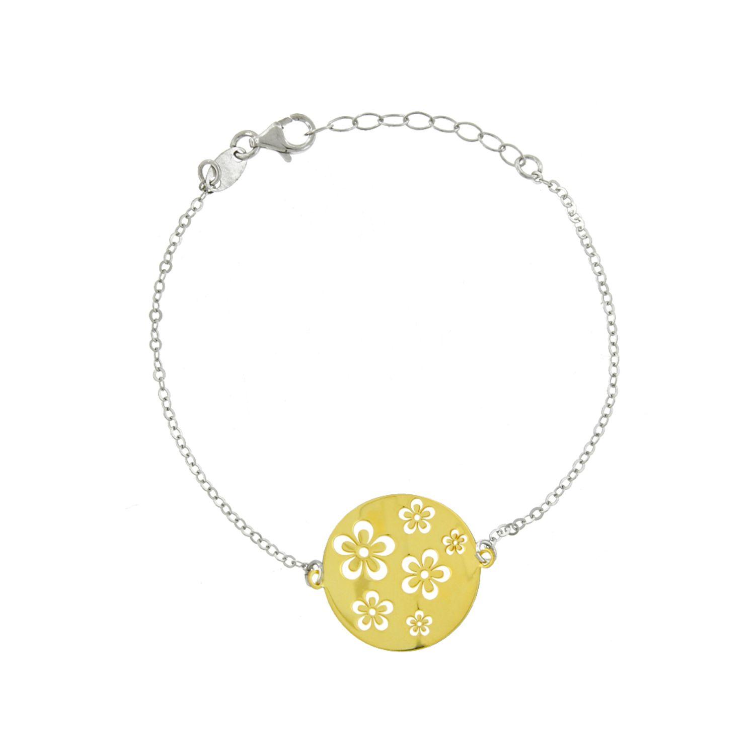 Pulsera de Plata Esterlina 925 Circulo Flores Bicolor-2