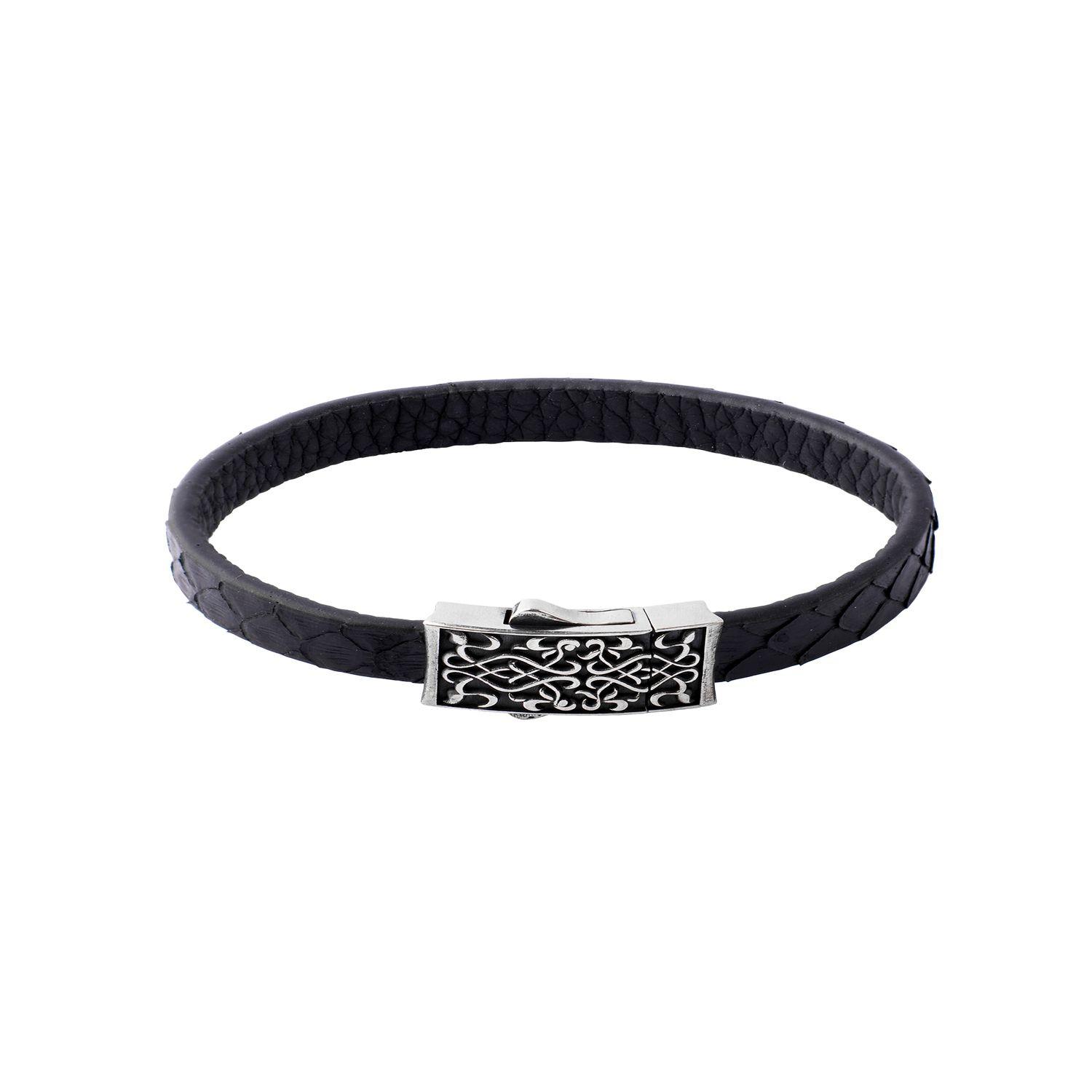 Pulsera de Plata Esterlina 925 Cuero Negro-0