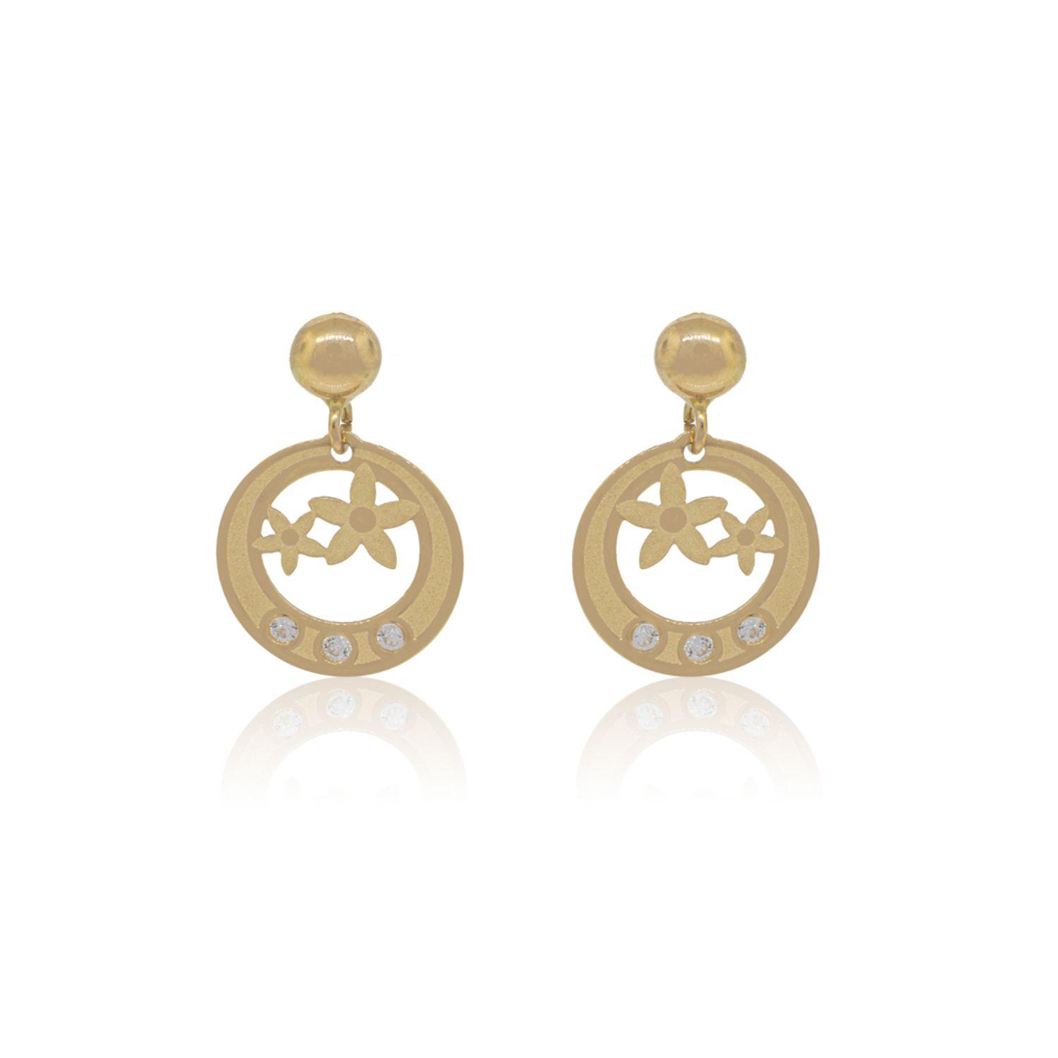 Aros de Oro 18 kt  Modelo Flor Colgante Circón-0