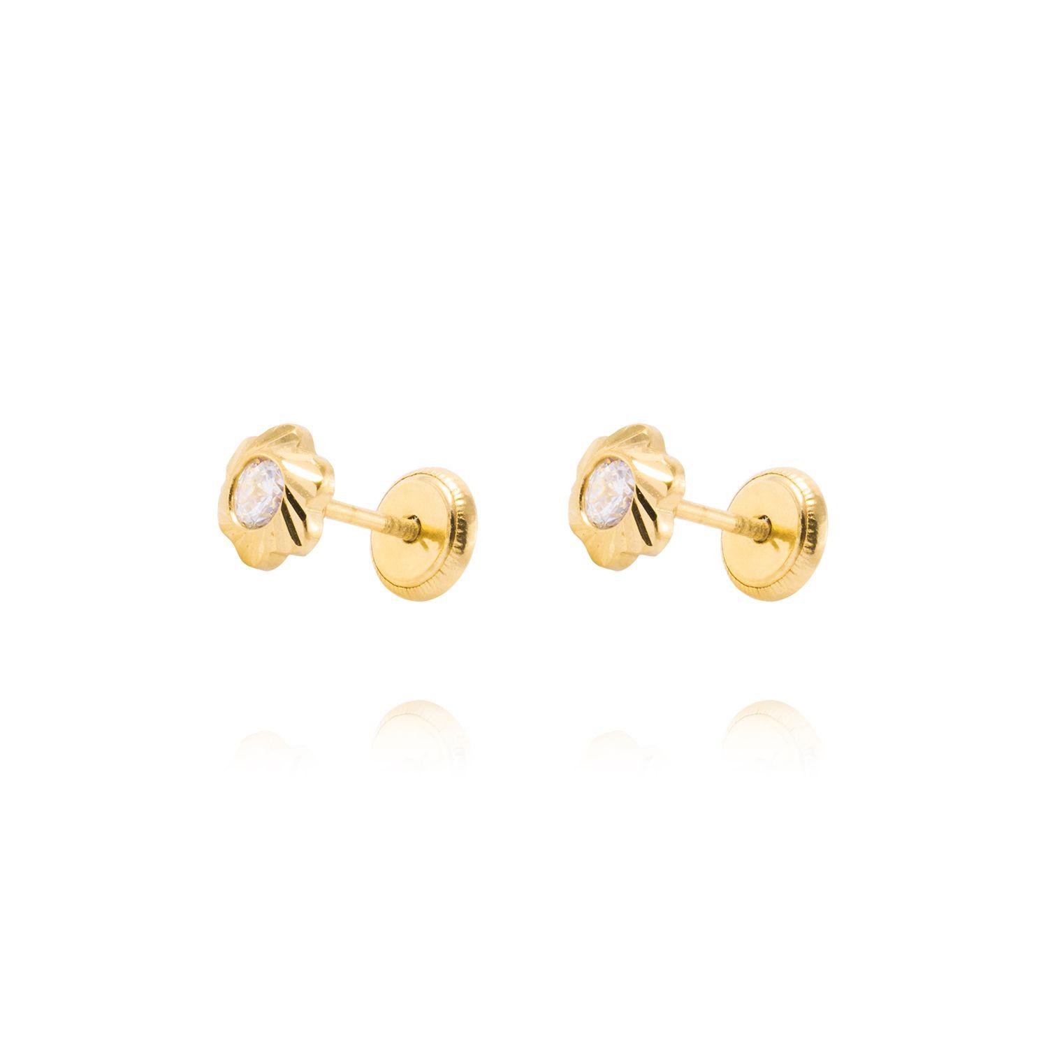 Aros de Oro 18kt  Flor Tallada Circón-0