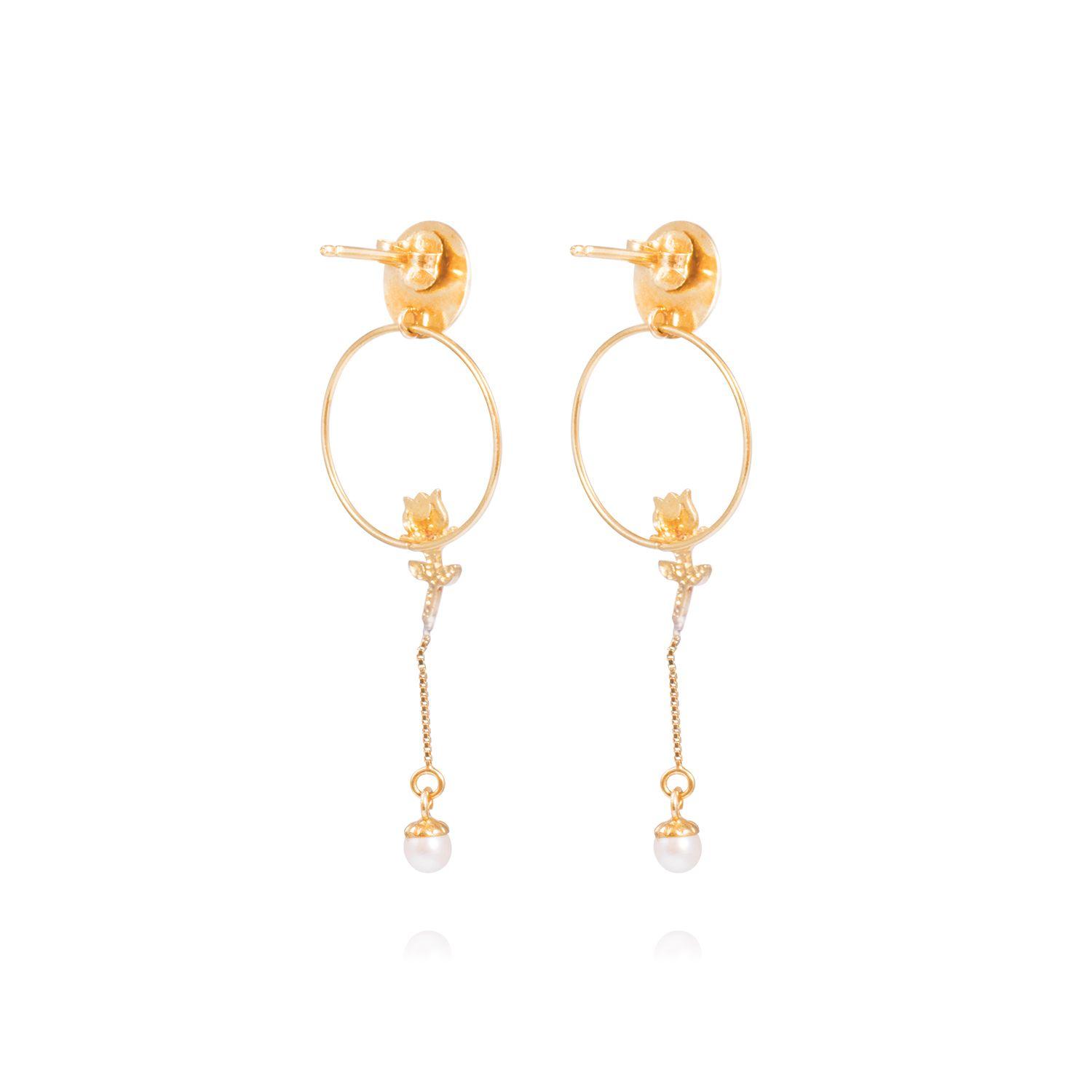 Aros Oro Amarillo 18kt Colgantes Perlas y Rosas-2