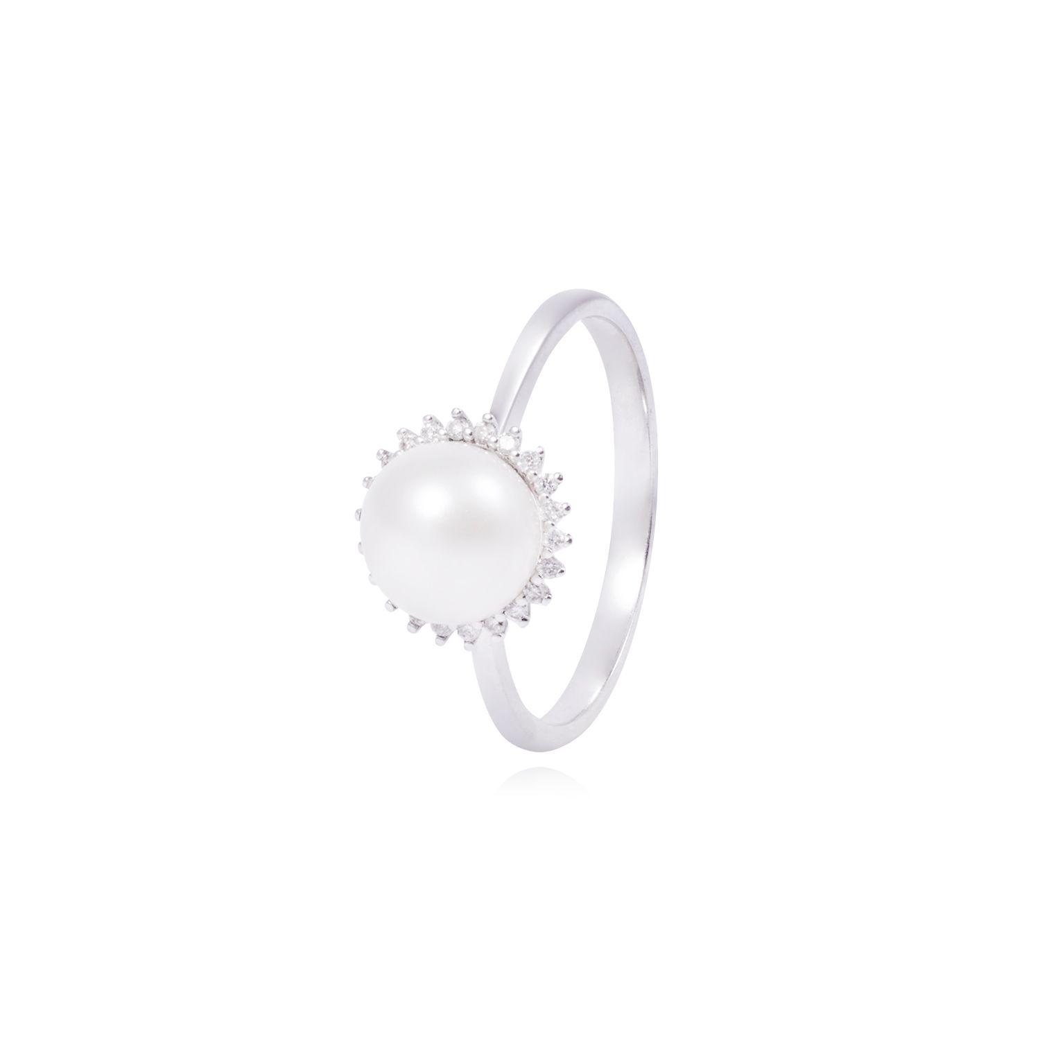 Anillo Oro Blanco 18kt Perla 6 - 8 mm Diamantes 10 Pts-0