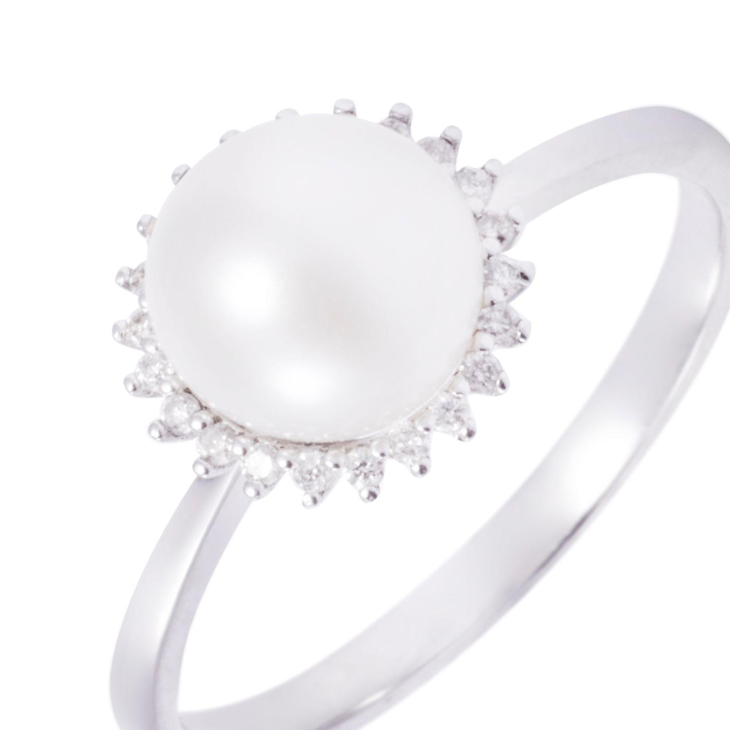 Anillo Oro Blanco 18kt Perla 6 - 8 mm Diamantes 10 Pts-1