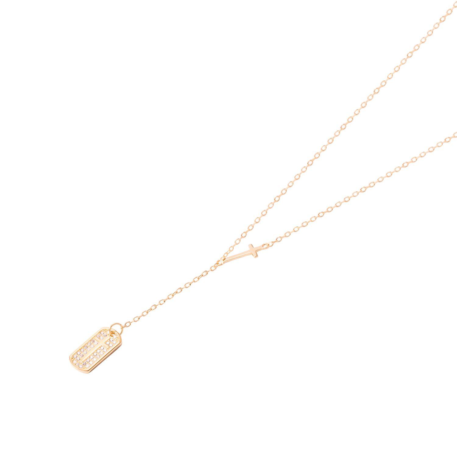 Collar Revestido en Oro 18kt Placa con Circonita mas Cruz-0