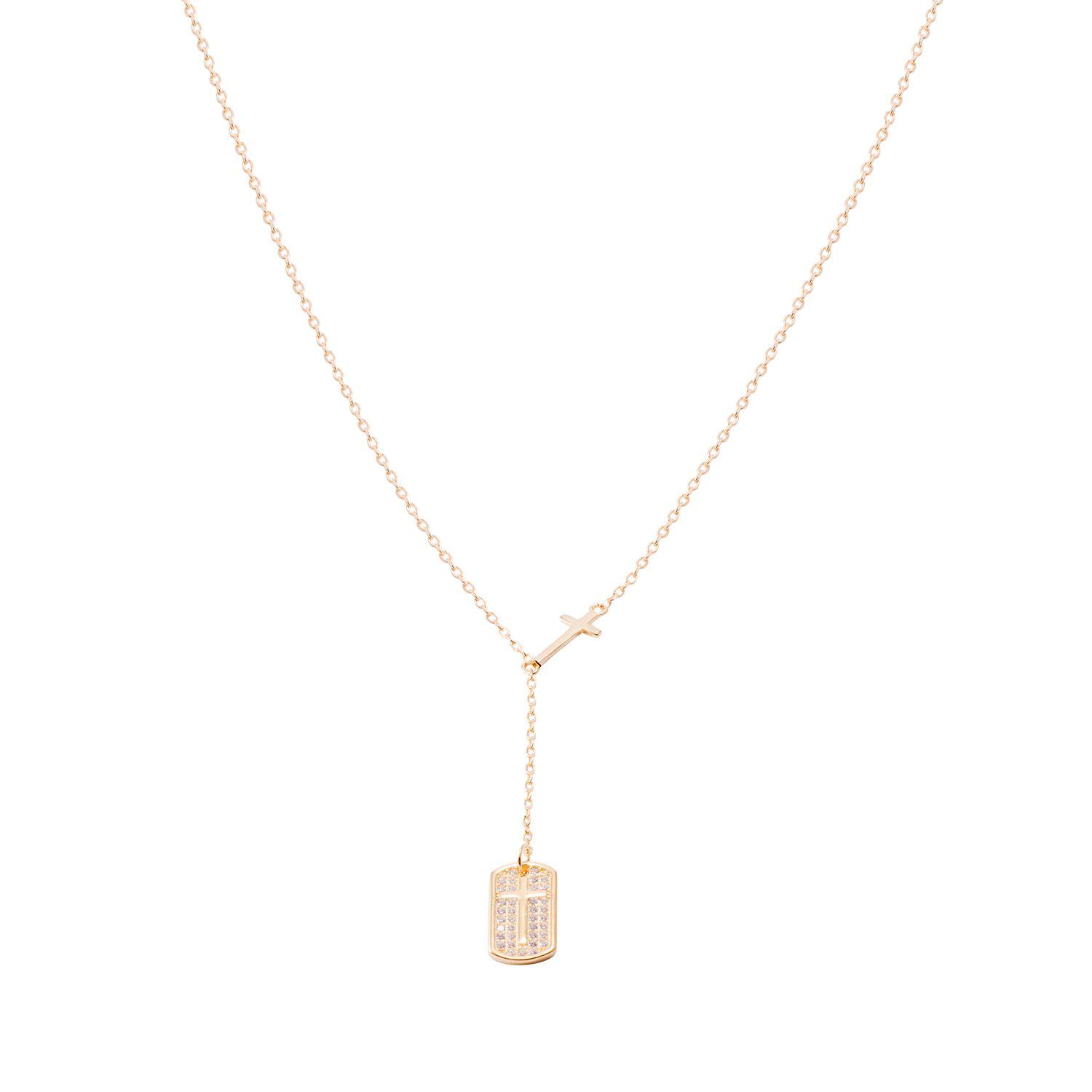 Collar Revestido en Oro 18kt Placa con Circonita mas Cruz-1
