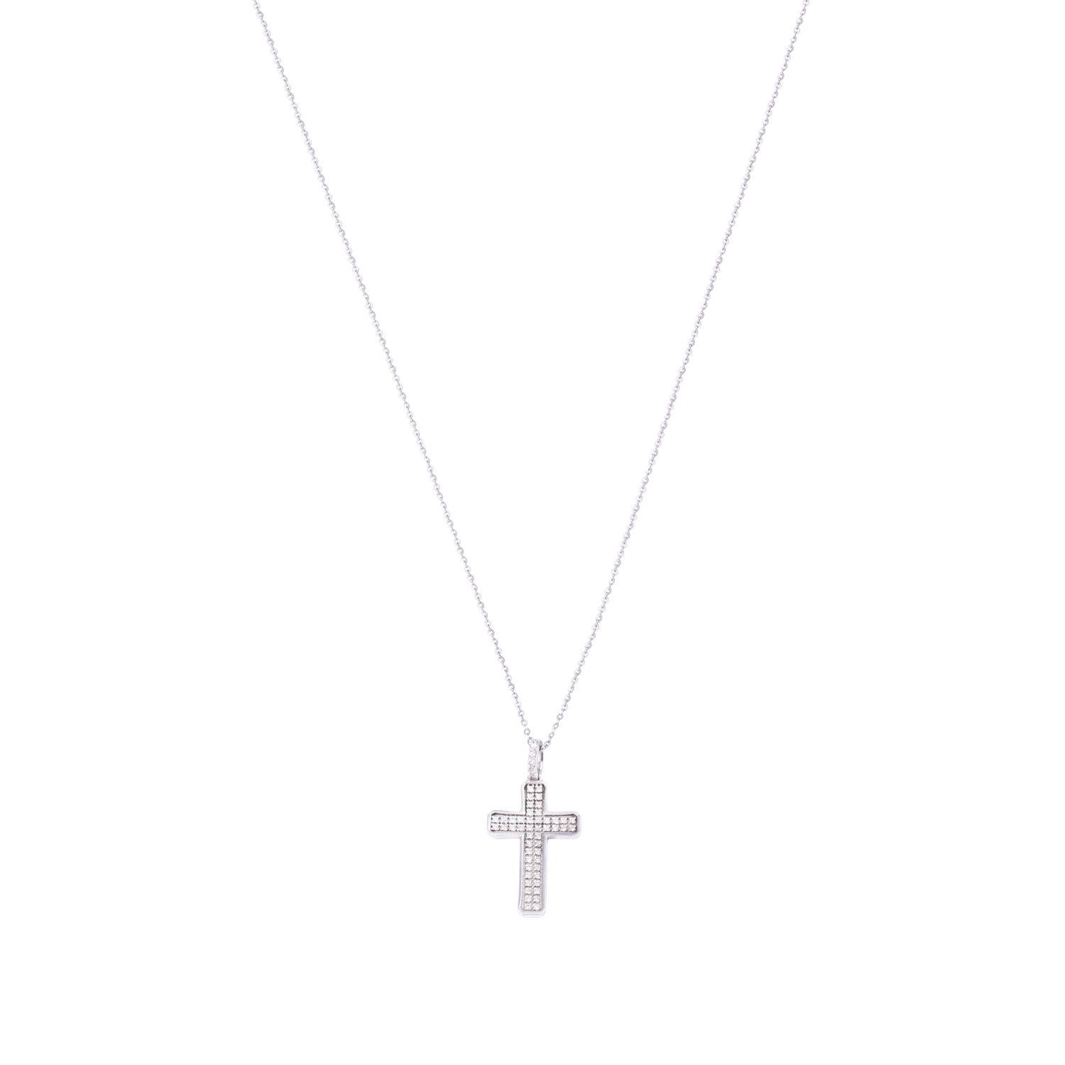 Collar Oro Blanco 18kt Cruz Doble fila de Diamantes 10 Pts-2