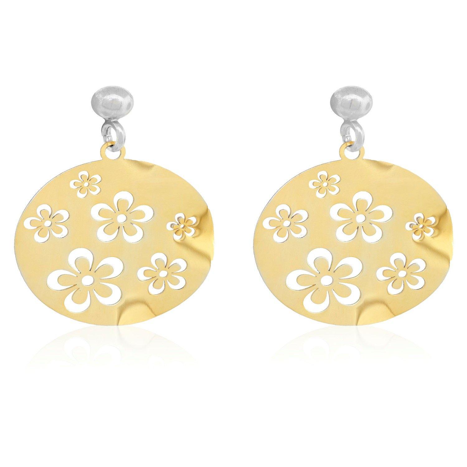 Aros de Plata Esterlina 925 Disco Flores Revestido en Oro 18kt-2