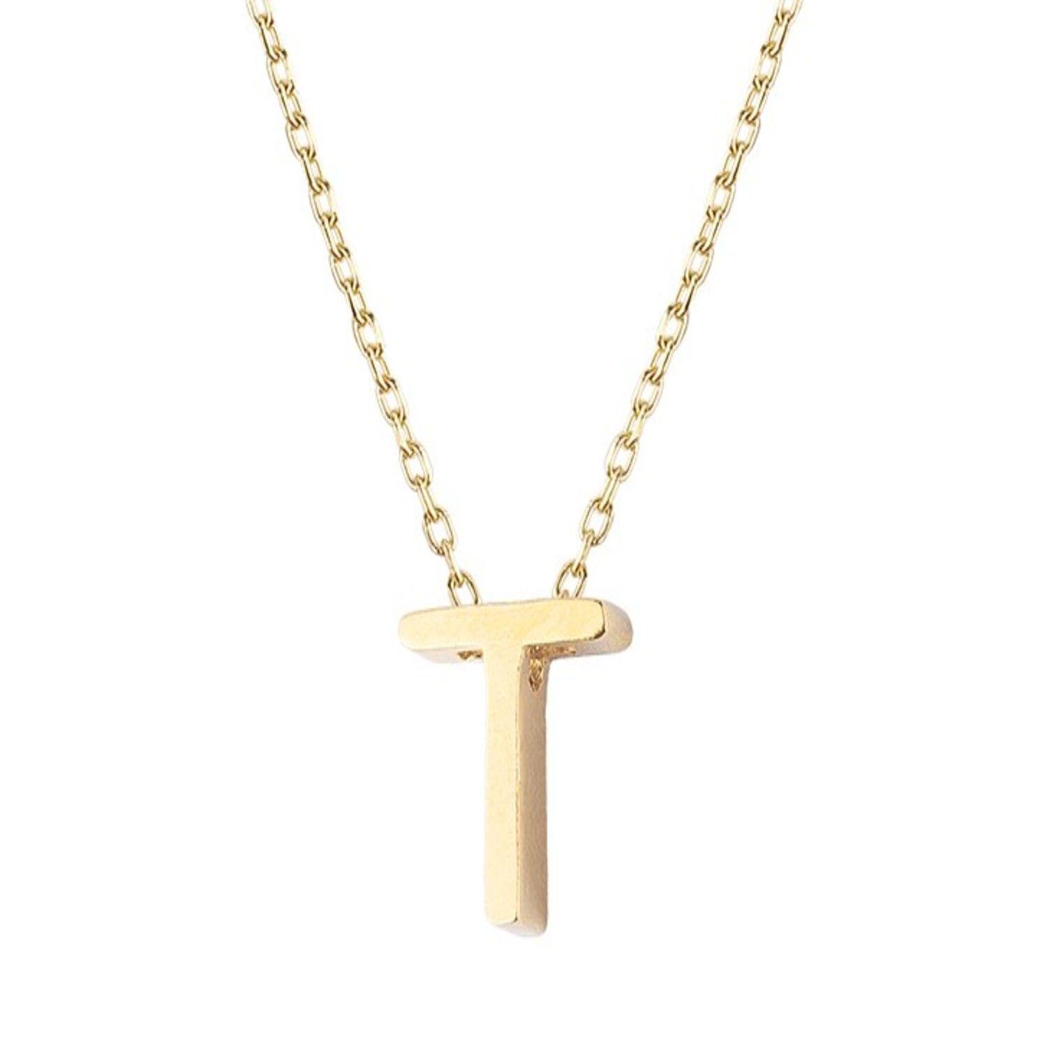 Collar de Plata Esterlina 925 Letra T Lisa Revestido en Oro 18kt-2