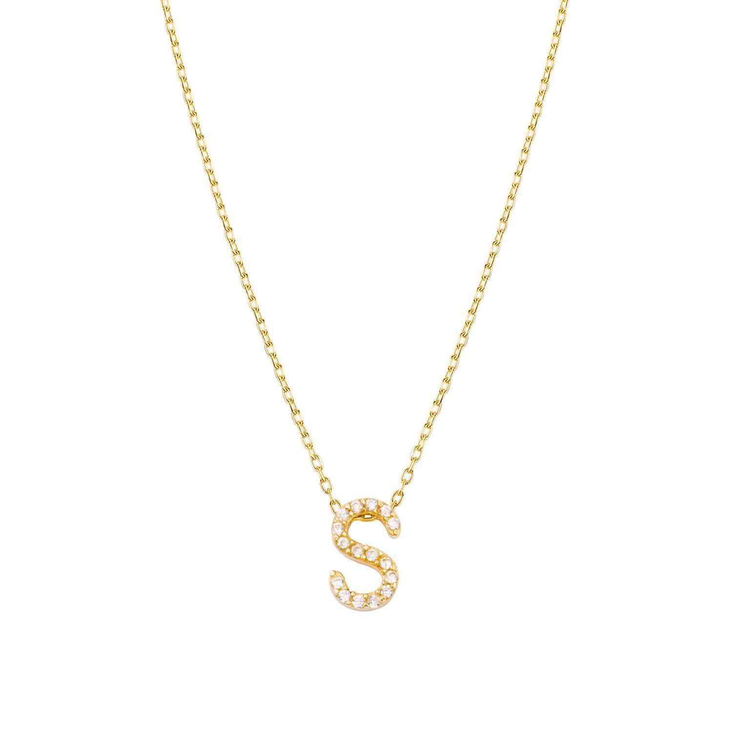 Collar de Plata Esterlina 925 Letra S Circon Bañado en Oro 18kt-0