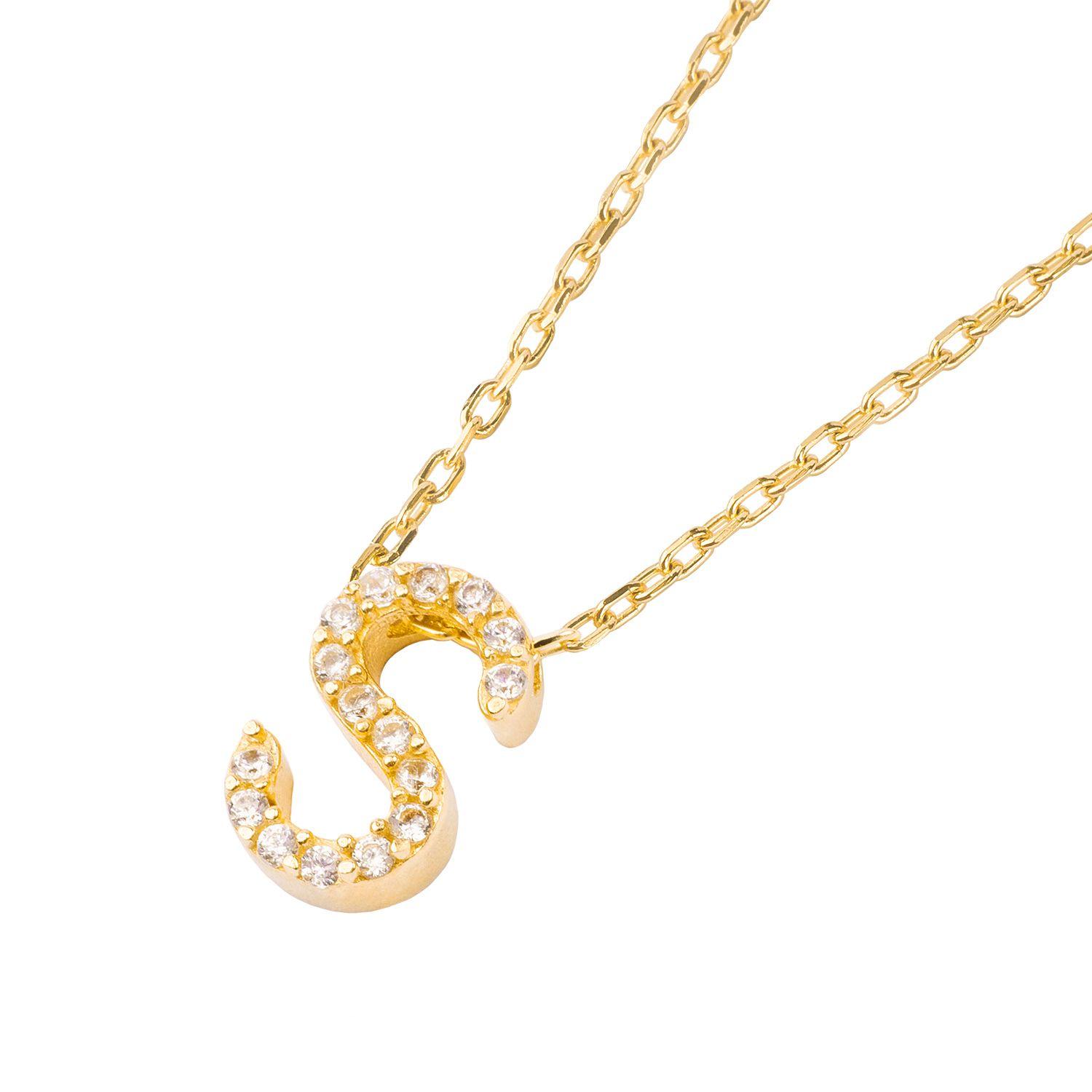Collar de Plata Esterlina 925 Letra S Circon Revestido en Oro 18kt-0