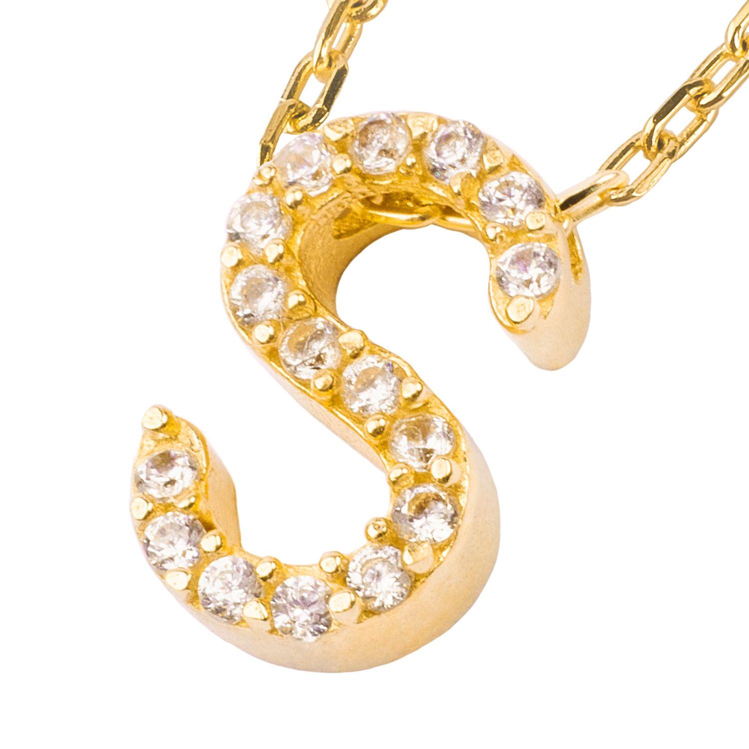 Collar de Plata Esterlina 925 Letra S Circon Revestido en Oro 18kt-1