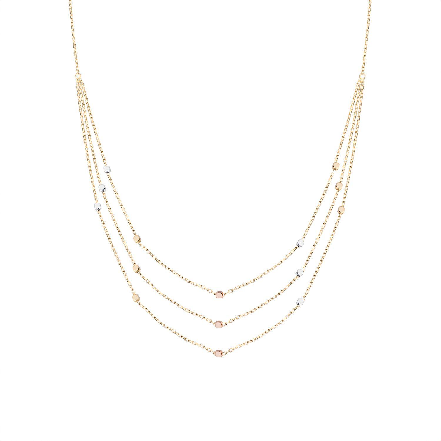 Collar de Oro de 18kt Triple cadena bolitas tricolor-0