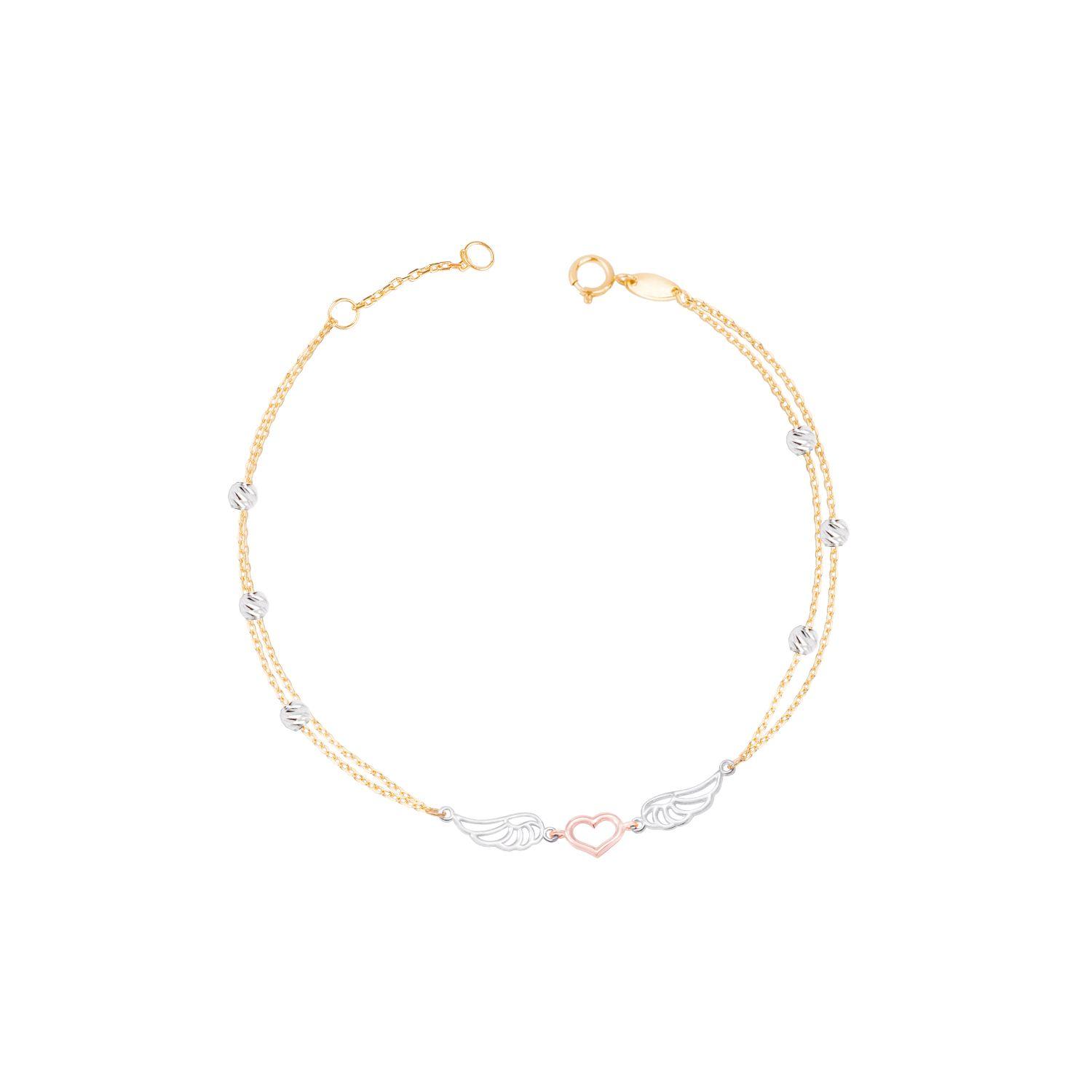 Pulsera Oro Bicolor 18kt Doble Cadena Corazón y Alas-2