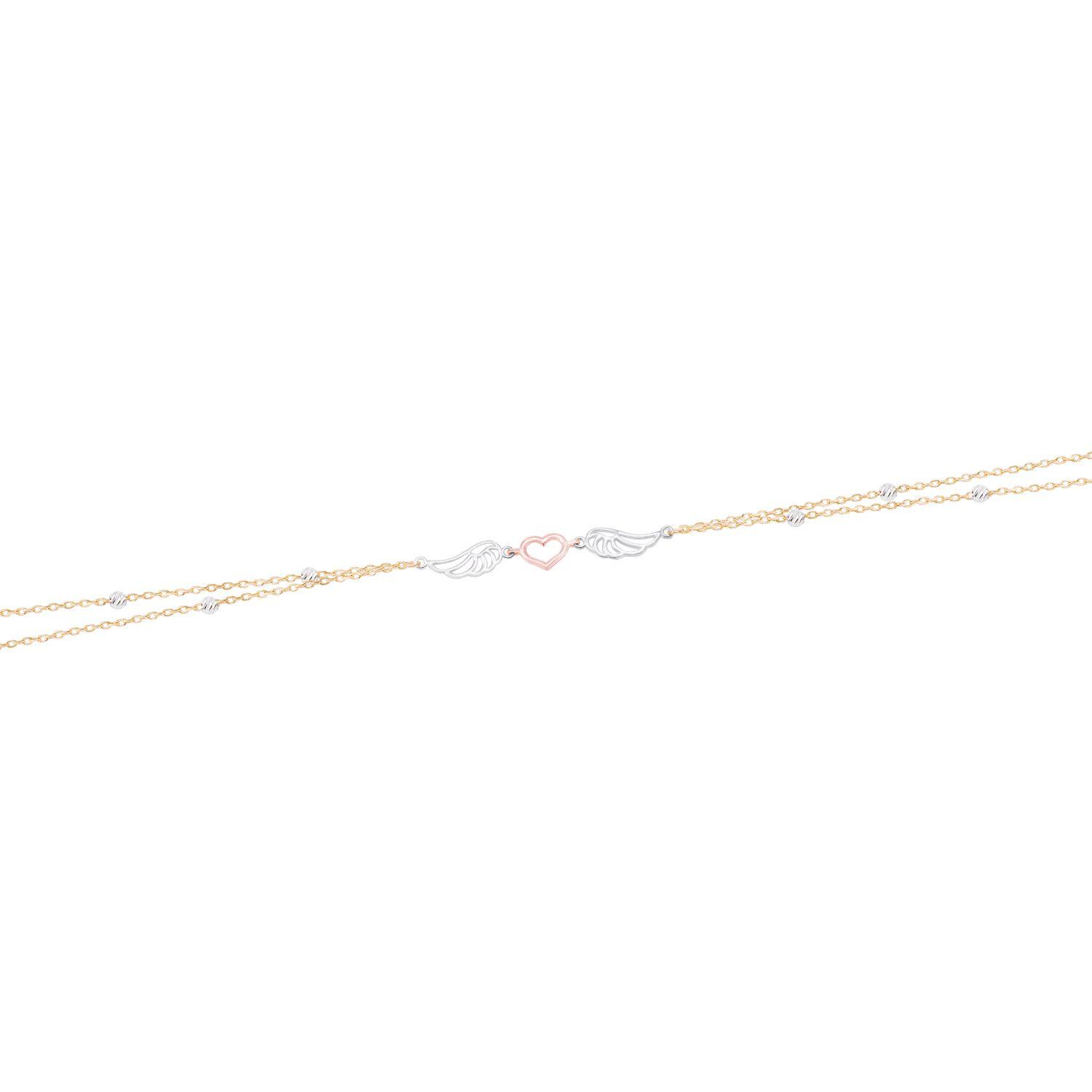 Pulsera Oro Bicolor 18kt Doble Cadena Corazón y Alas-2