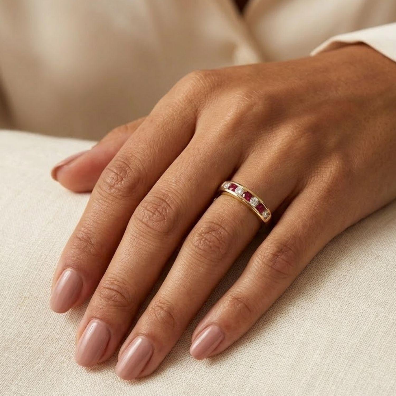 Anillo Oro Miel 18kt Armonía con Rubíes y Circonitas-3