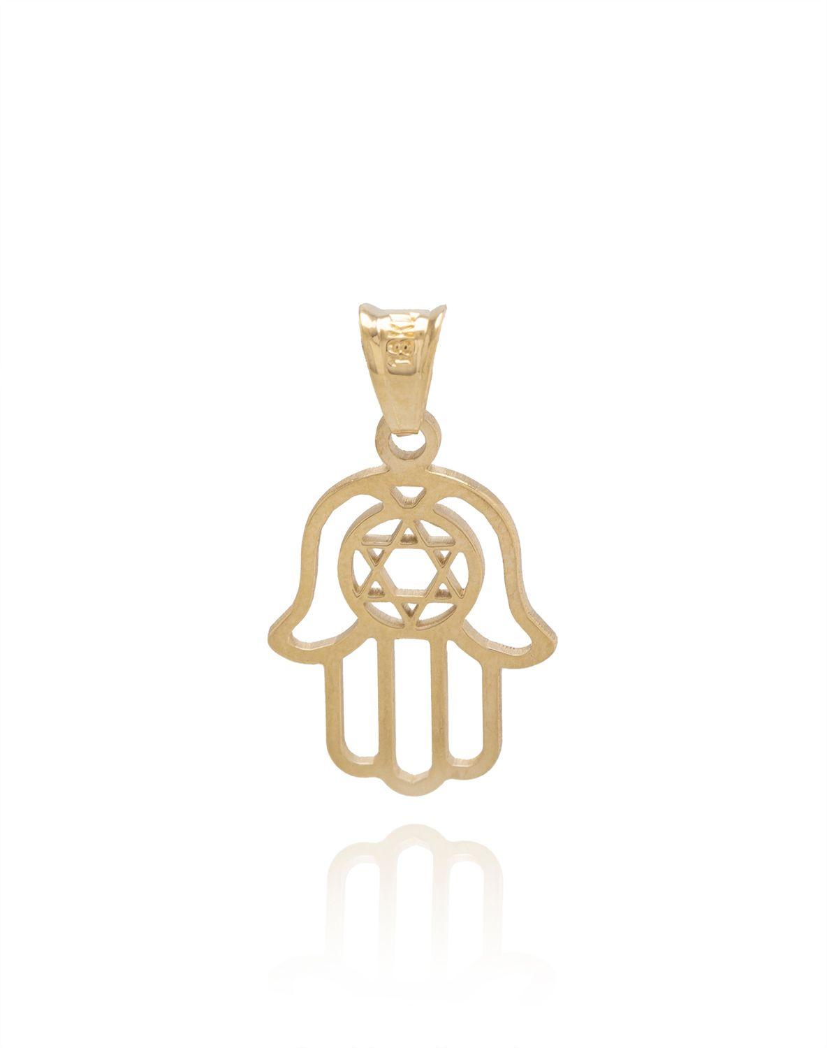 Colgante de Oro 18 Kt Modelo Mano de Fatima Estrella David.-0