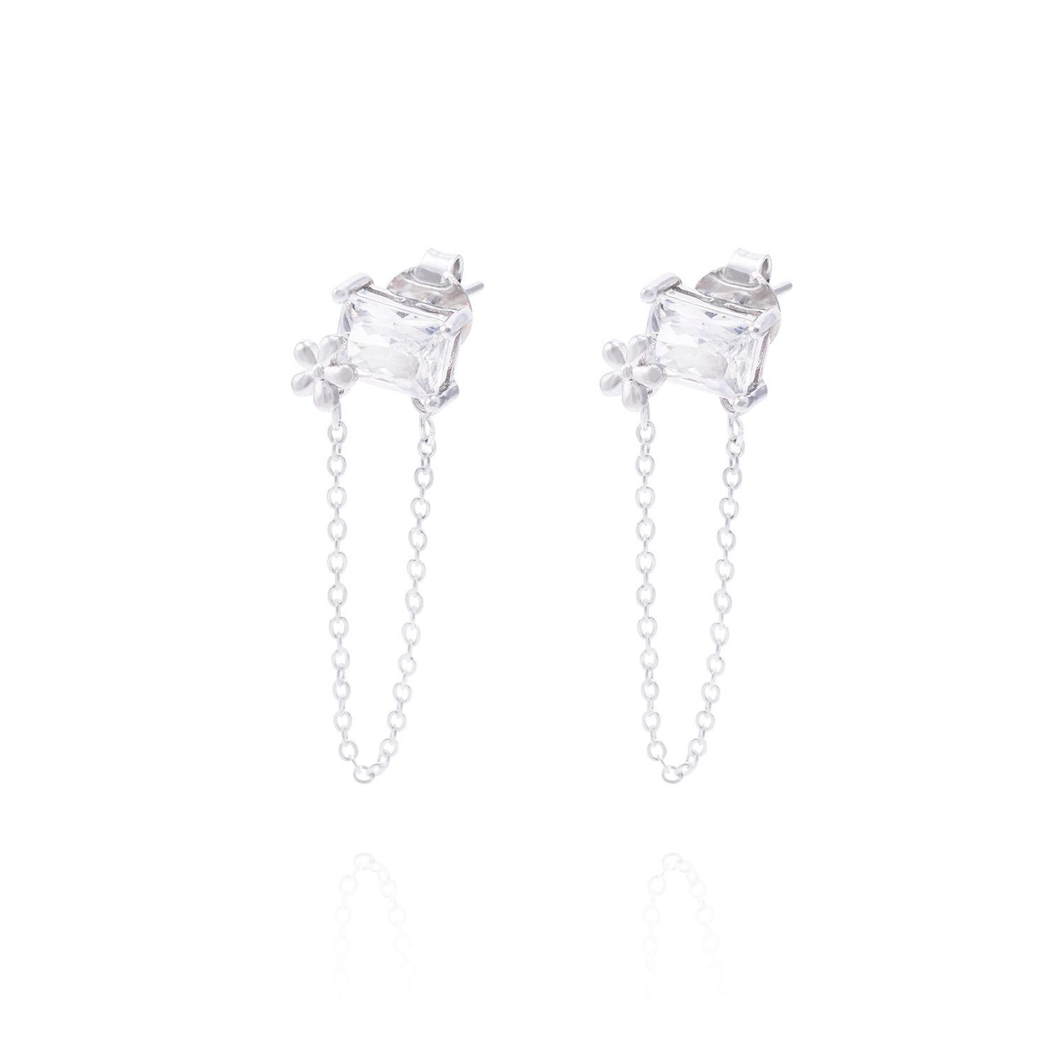 Aros de Plata Esterlina Rectángulo Circonita con Cadena Colgante-0