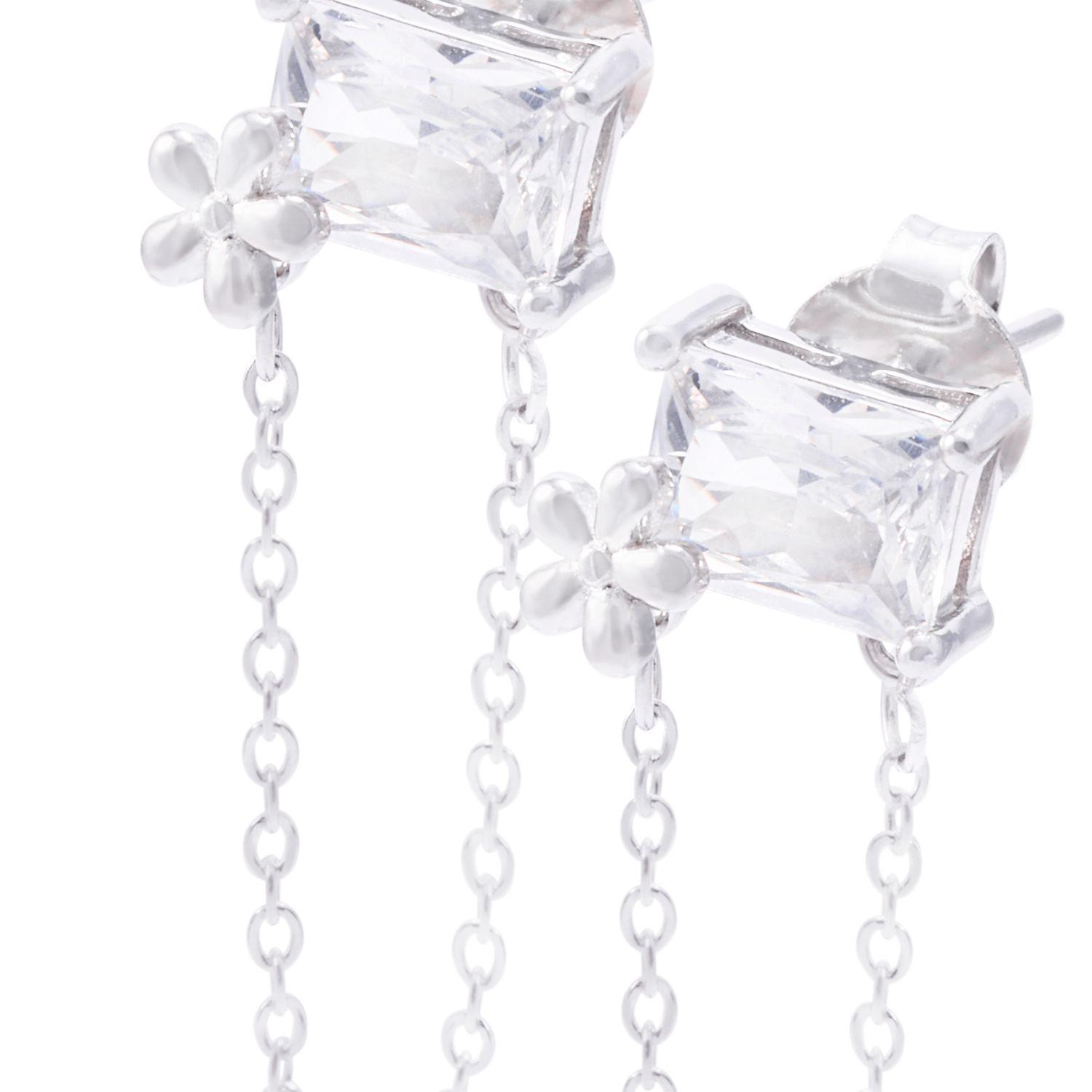 Aros de Plata Esterlina Rectángulo Circonita con Cadena Colgante-1