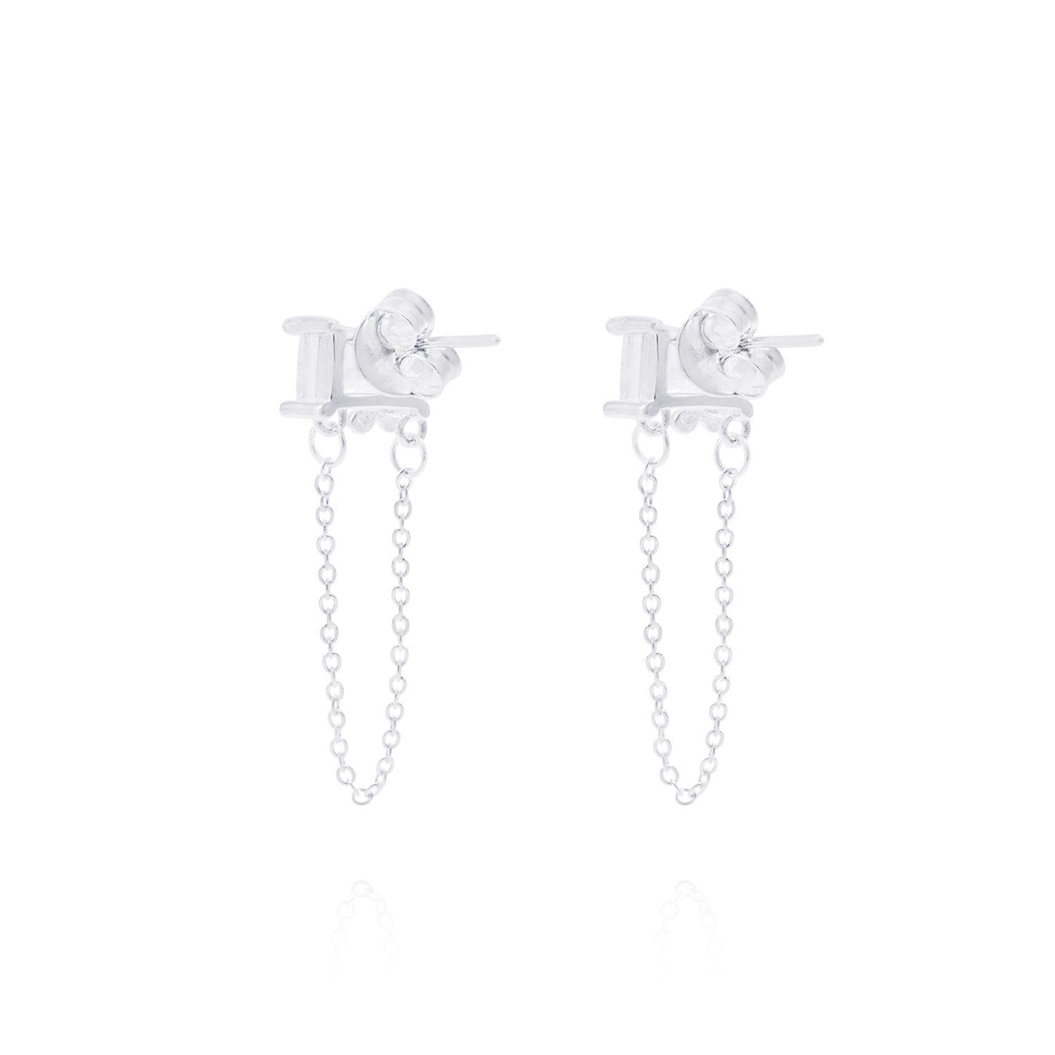 Aros de Plata Esterlina Rectángulo Circonita con Cadena Colgante-2