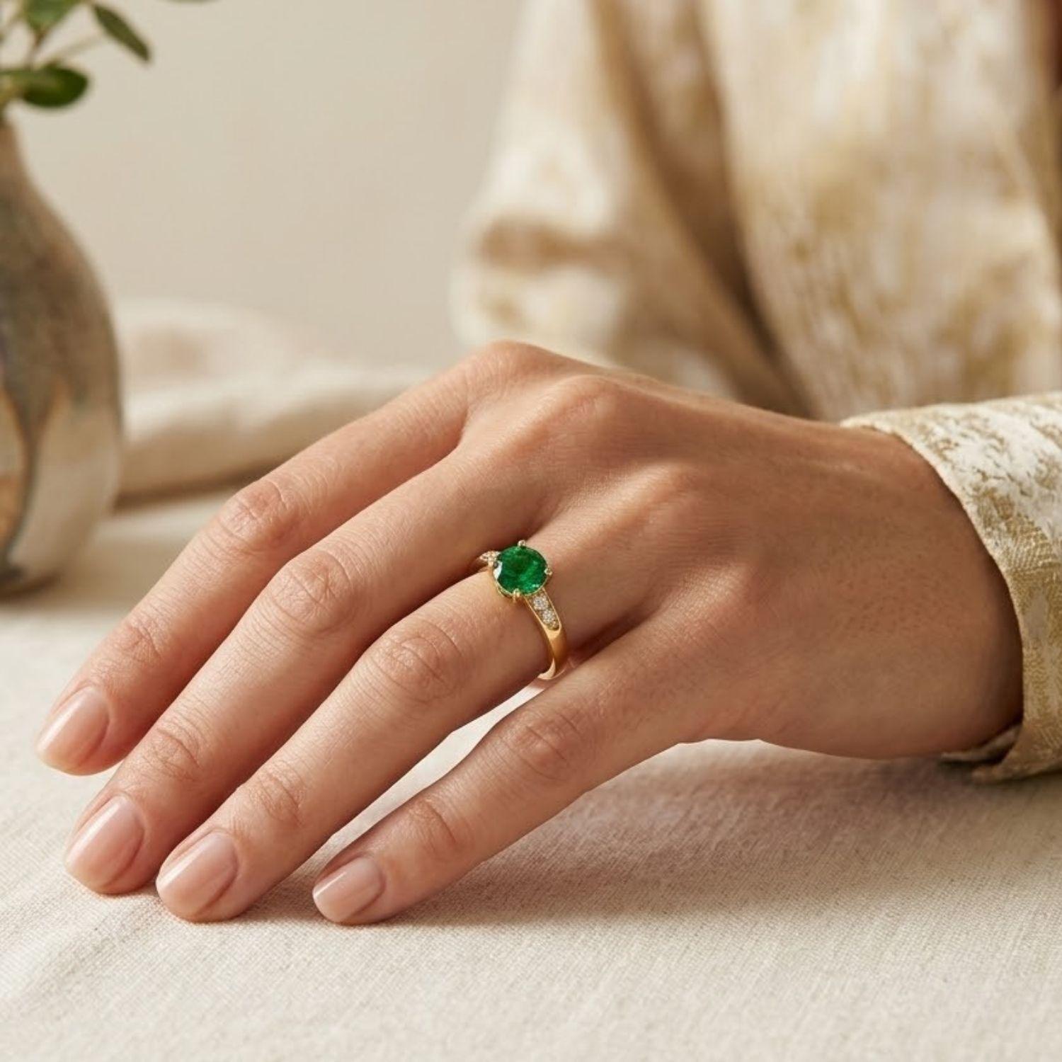 Anillo Oro Miel 18kt Solitario con Esmeraldina y Circonitas-3