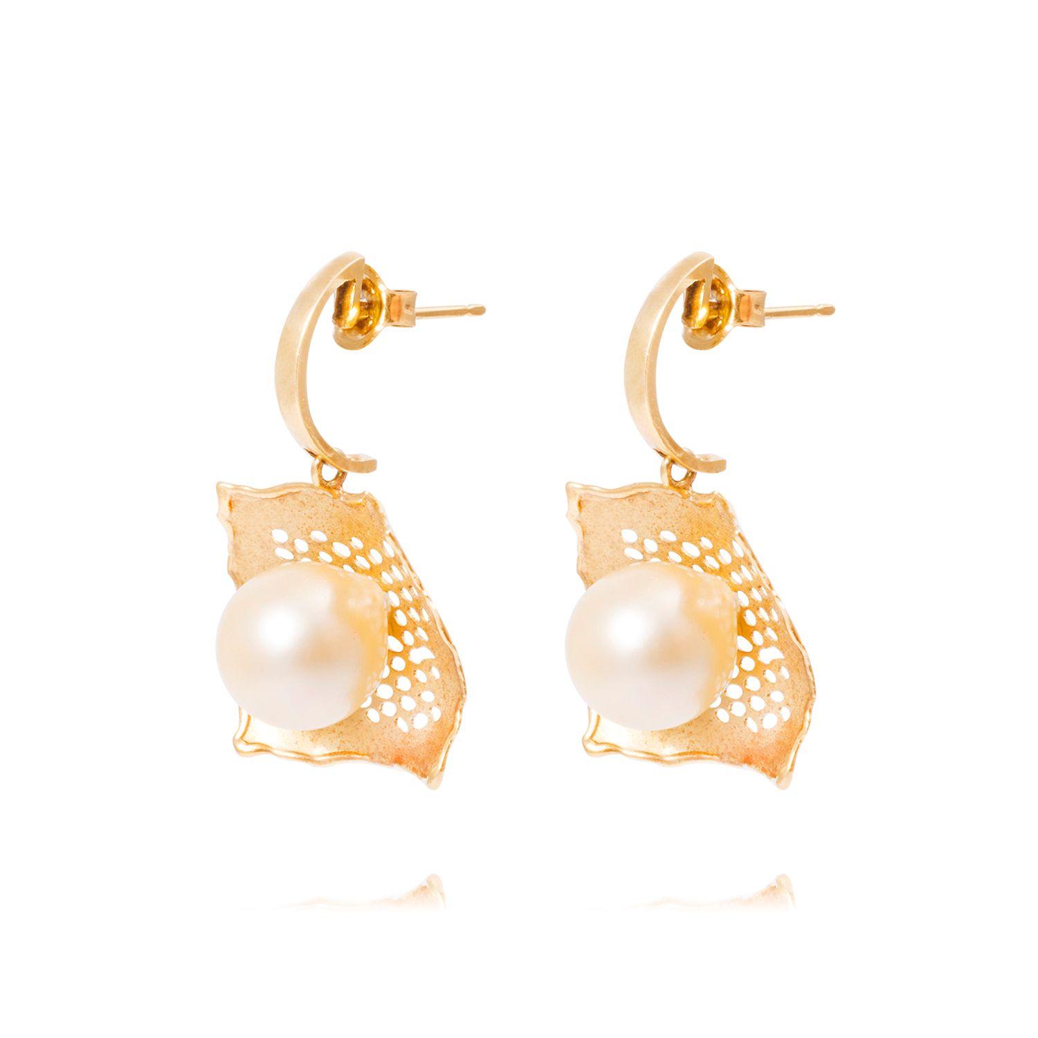 Aros Oro Amarillo 18kt Hoja y Perla Cultivada 10mm-0