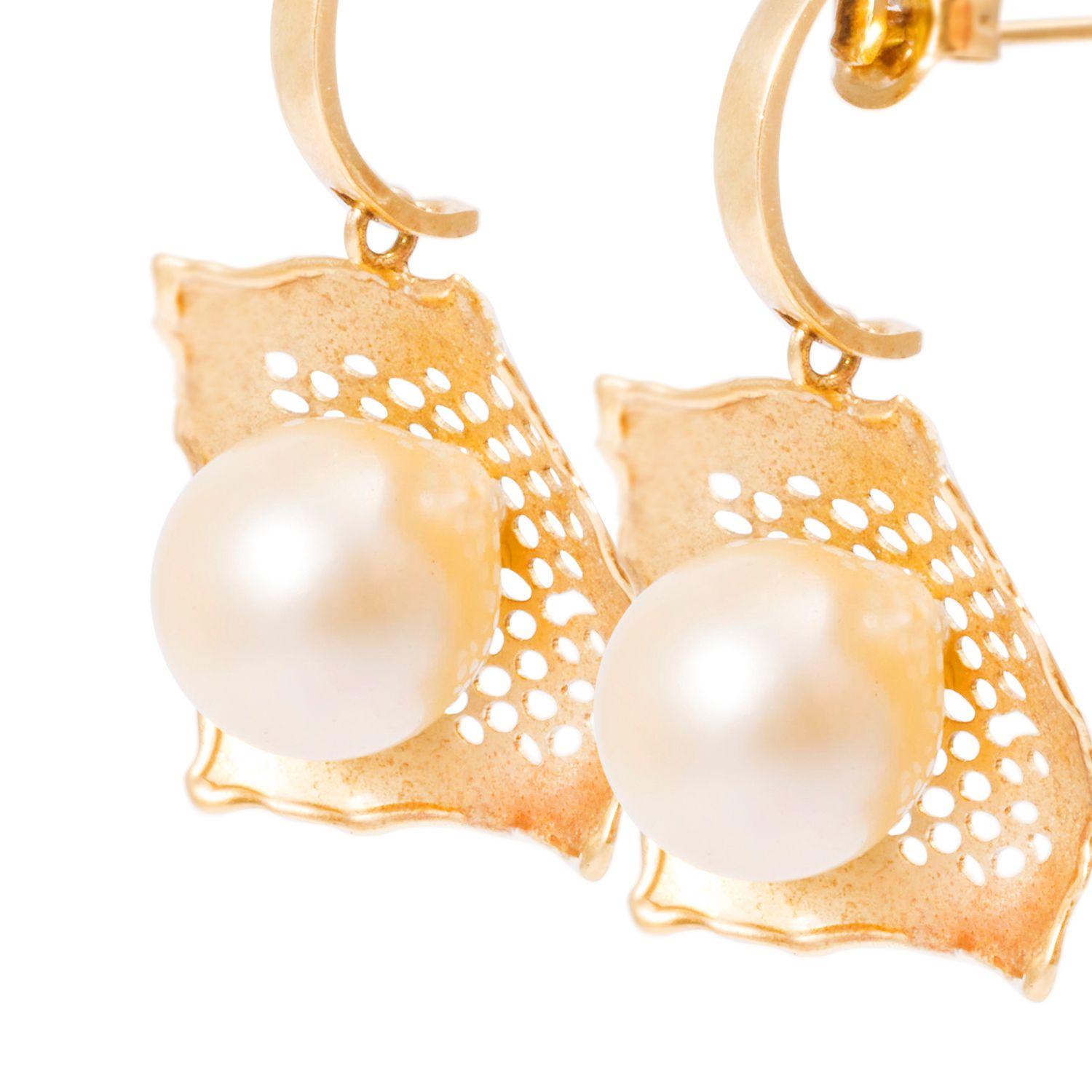 Aros Oro Amarillo 18kt Hoja y Perla Cultivada 10mm-1