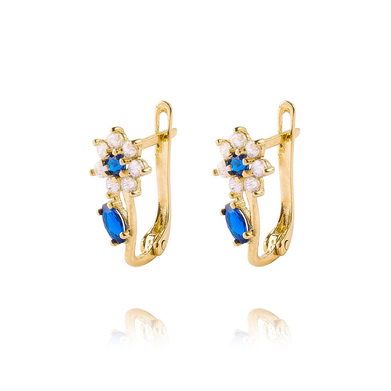 Aros de Oro 18kt Flor Circon Zafiro-0