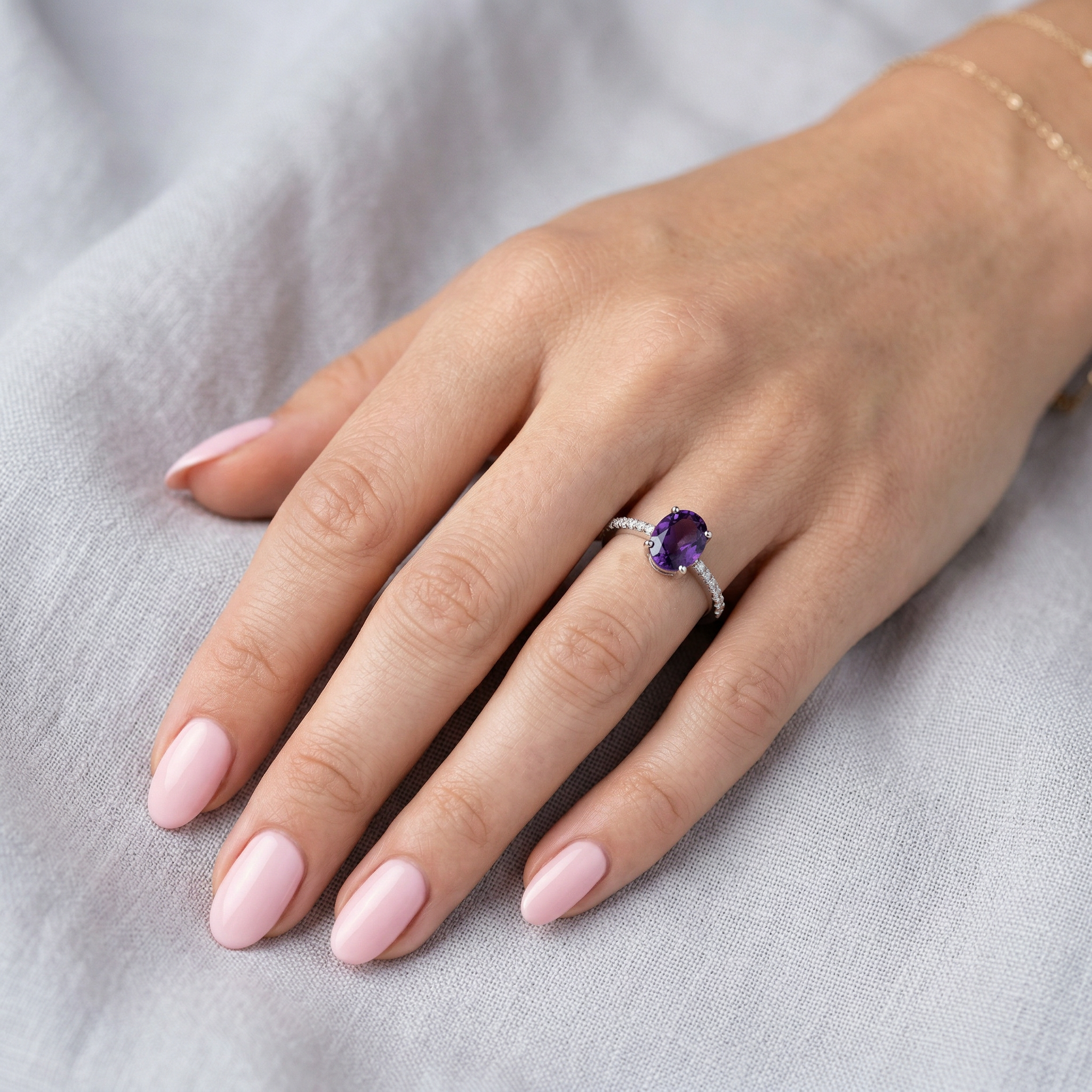 Anillo Oro Blanco 18kt Diamantes 7 Pts Amatista 1,15 Qts-3