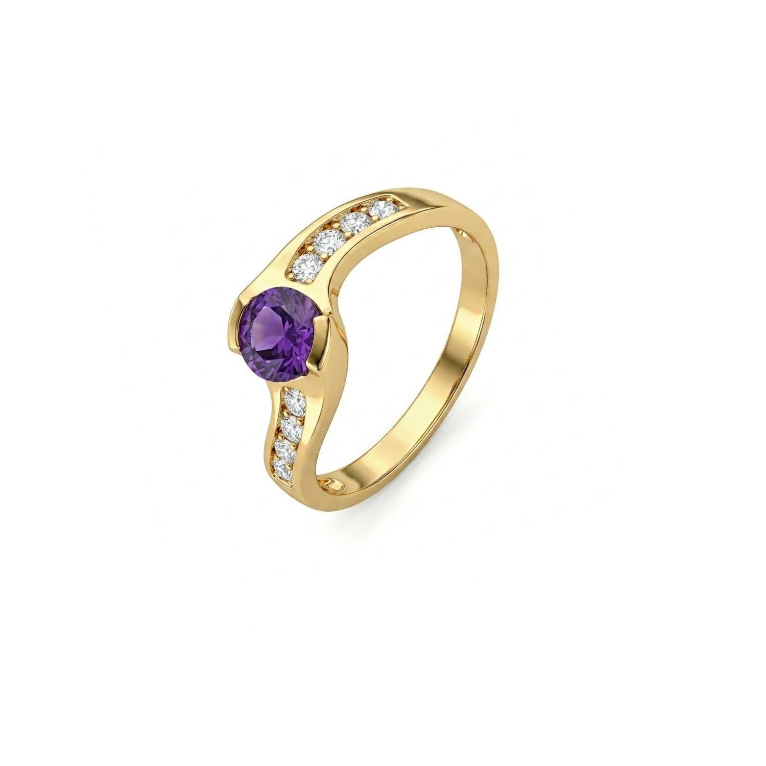 Anillo Oro Miel 18kt Solitario con Circonita Amatista y Circonitas Blancas-0