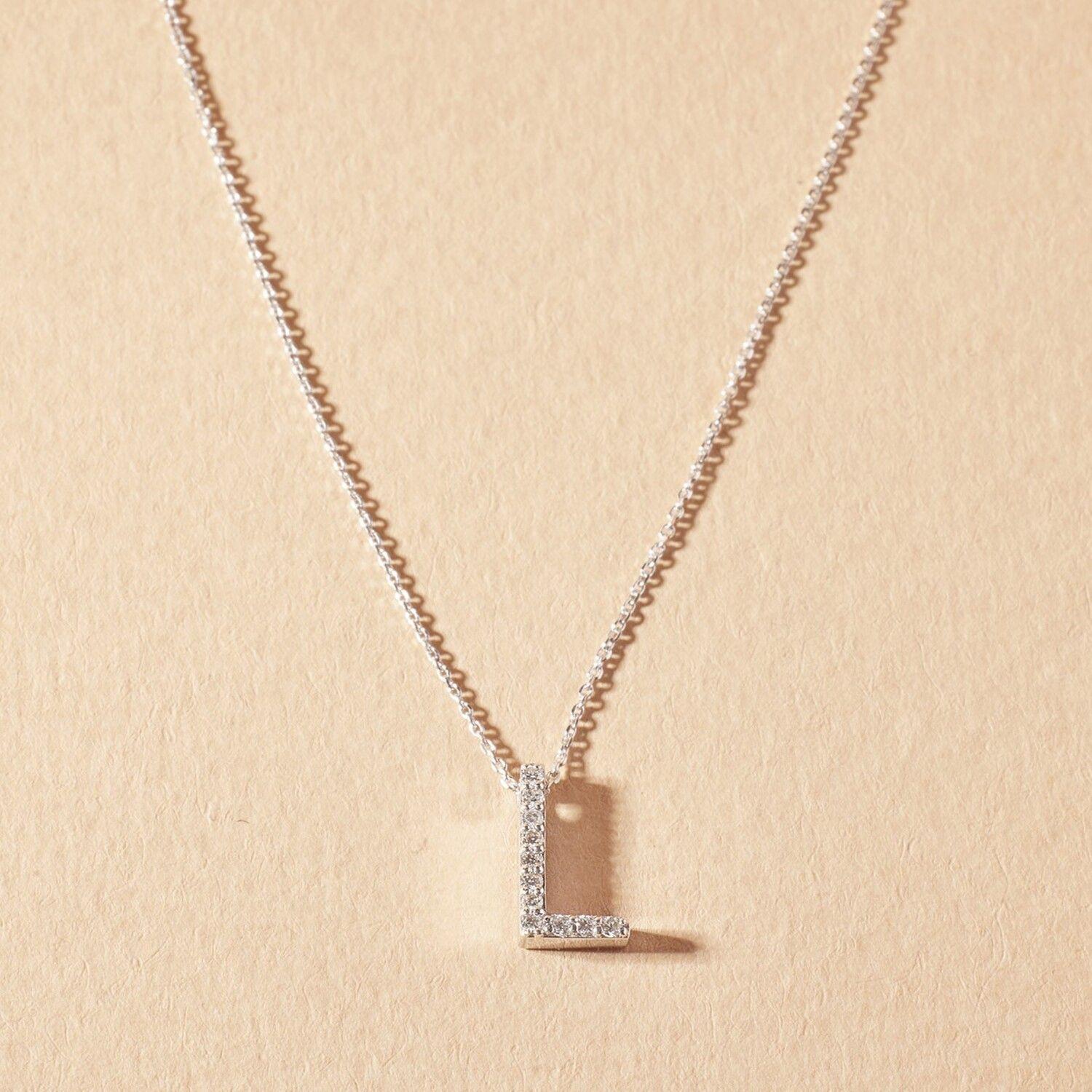 Collar Oro Blanco 18kt Letra L Diamante 6Pts | Danielle Costantini-2