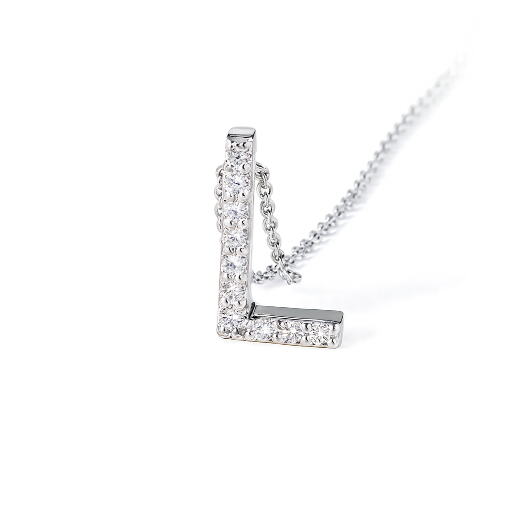 Collar Oro Blanco 18kt Letra L Diamante 6Pts | Danielle Costantini-1