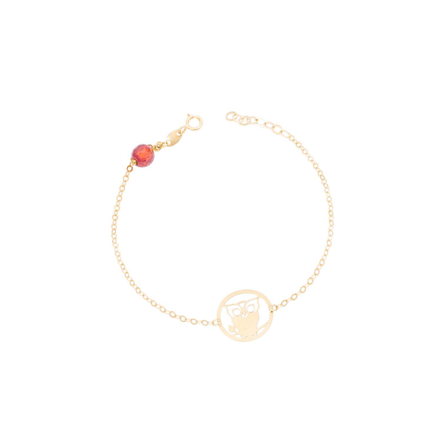 Pulsera Oro Amarillo 18kt Búho y Circonita Rubí-2