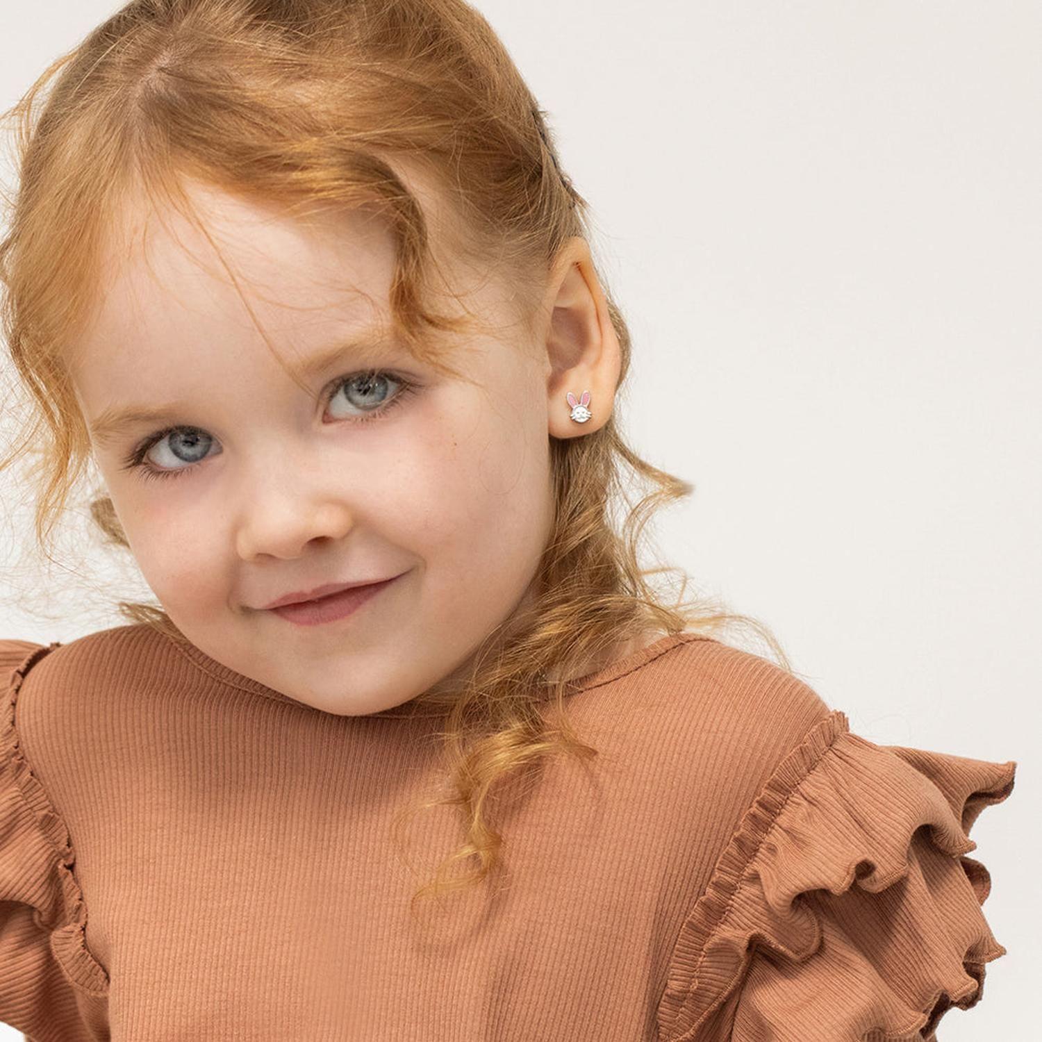 Pendientes de conejito de esmalte rosa y blanco para niñas y preadolescentes-3