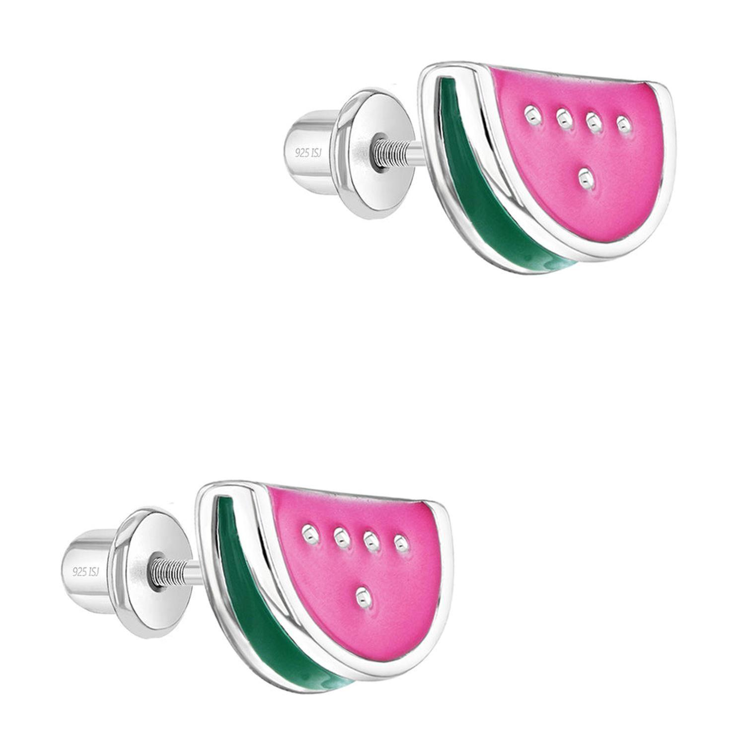 Aros de sandía rosada esmaltada de plata 925 para niñas-2
