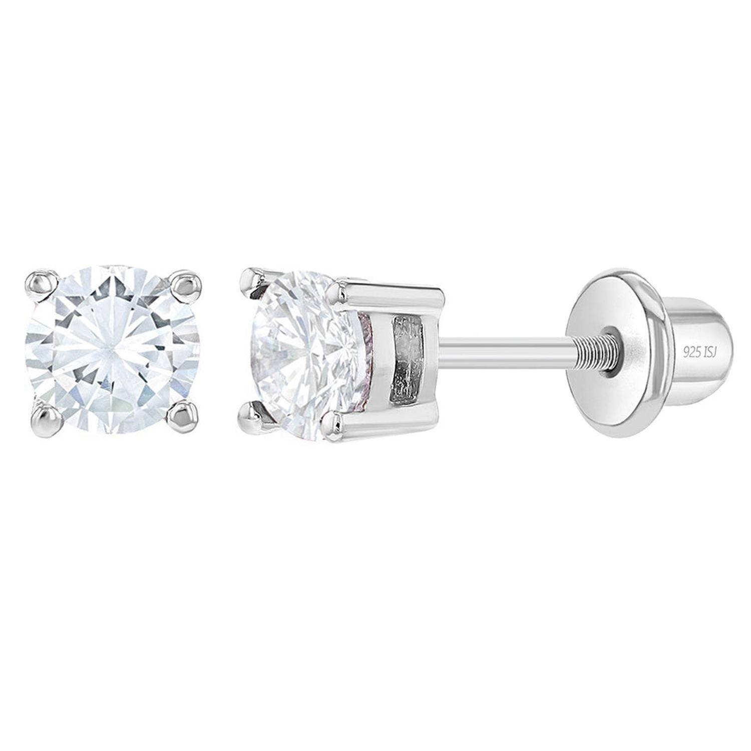 Aros solitario de circon redondo de plata 925 para bebes y niñas-0