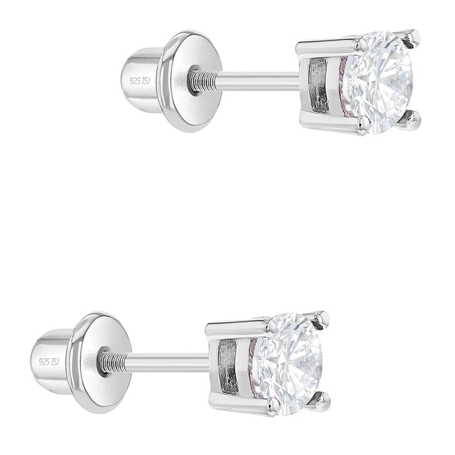 Aros solitario de circon redondo de plata 925 para bebes y niñas-1