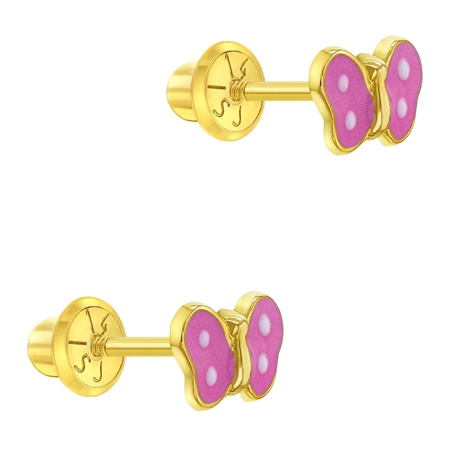 Aros de mariposa de oro 14K con esmalte rosa y blanco para bebes y niñas-1