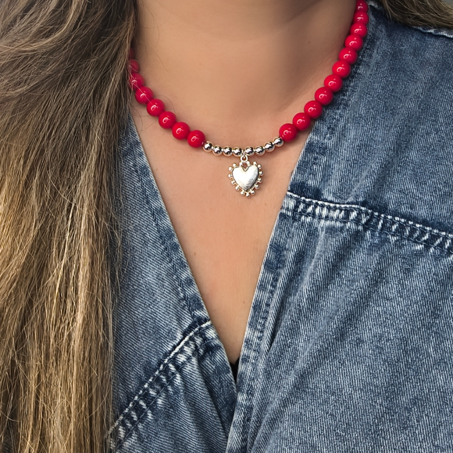Collar Jade Rojo corazón detente Plata 50 cm-0