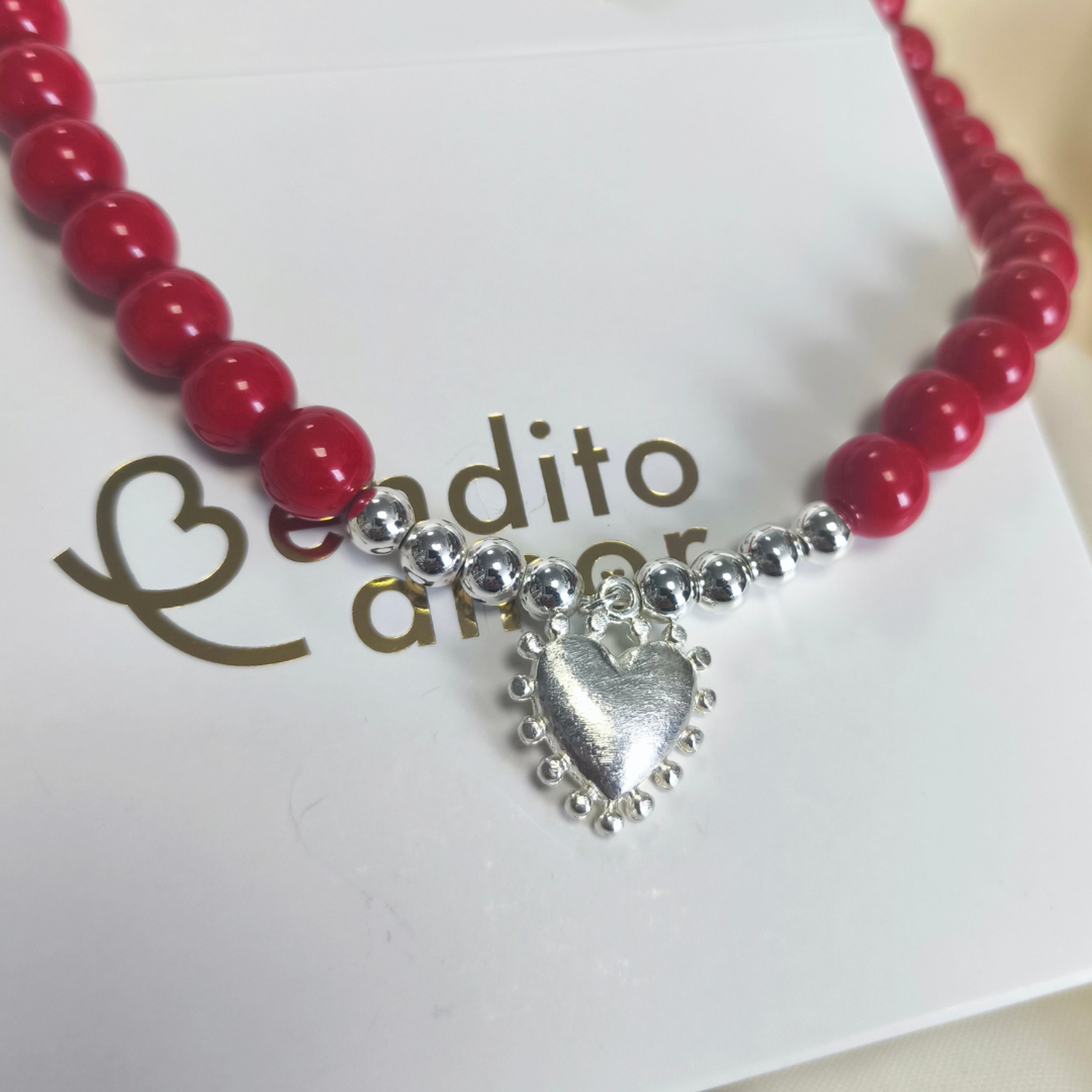 Collar Jade Rojo corazón detente Plata 50 cm-1