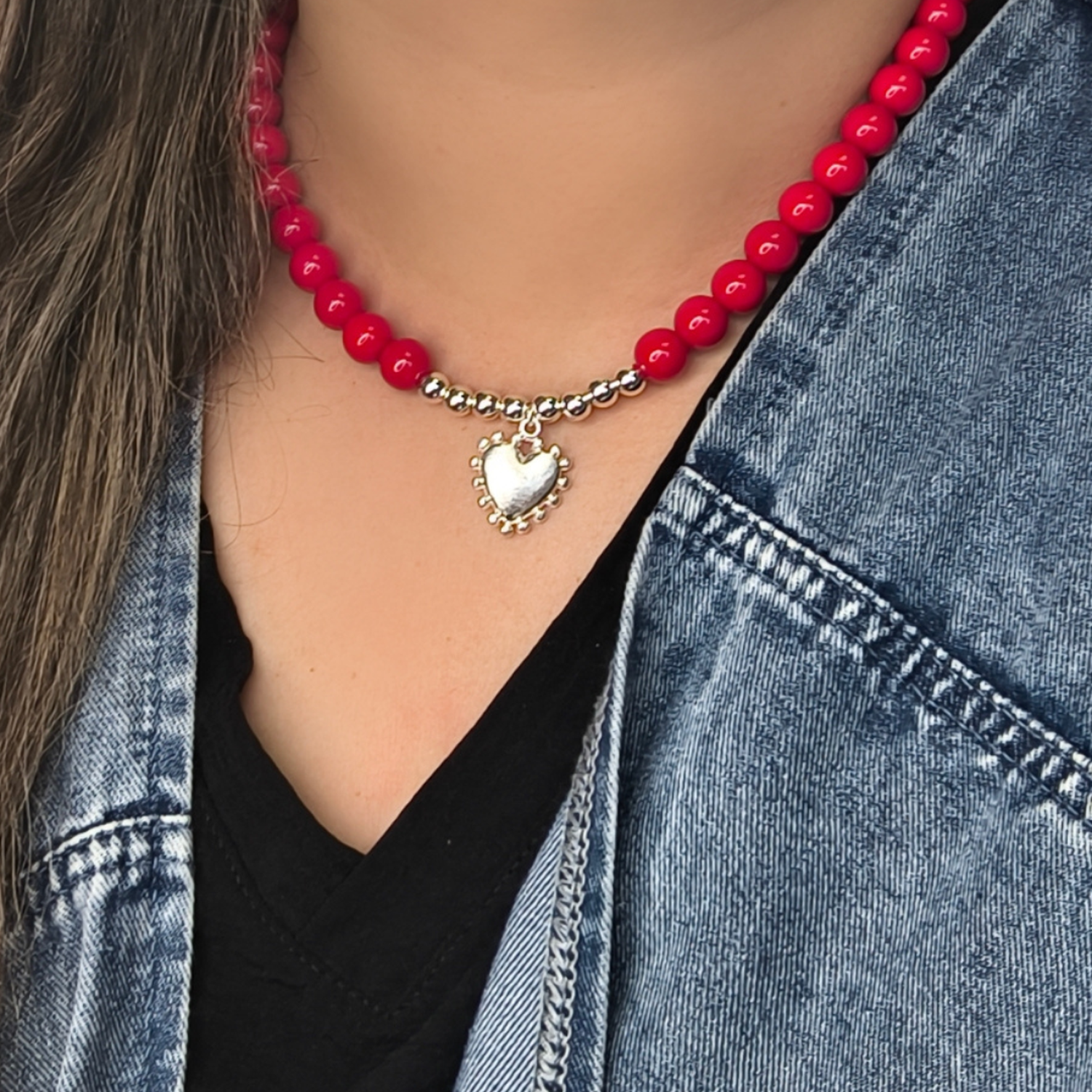 Collar Jade Rojo corazón detente Plata 50 cm-2