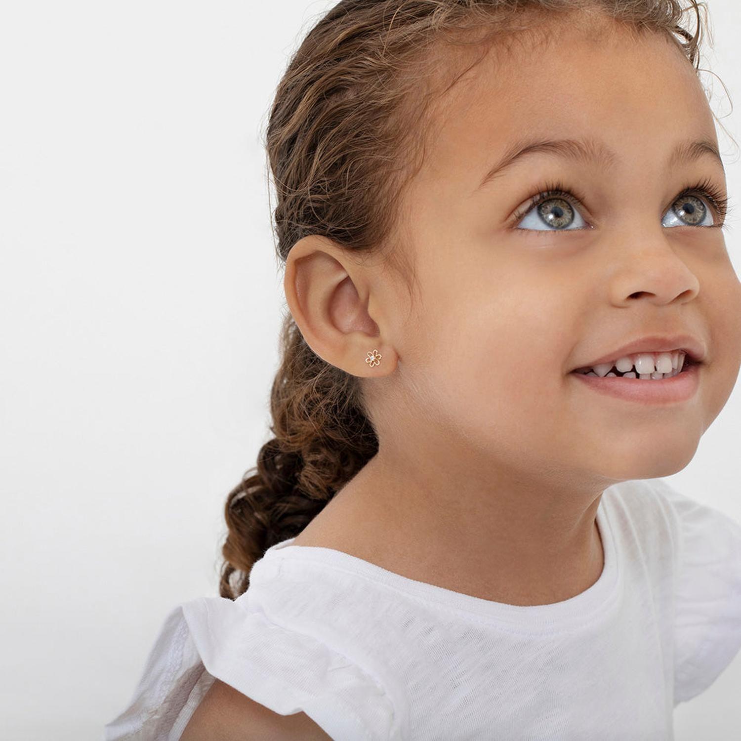 Aros de flor de oro 14k con diamante para bebes y niñas-2