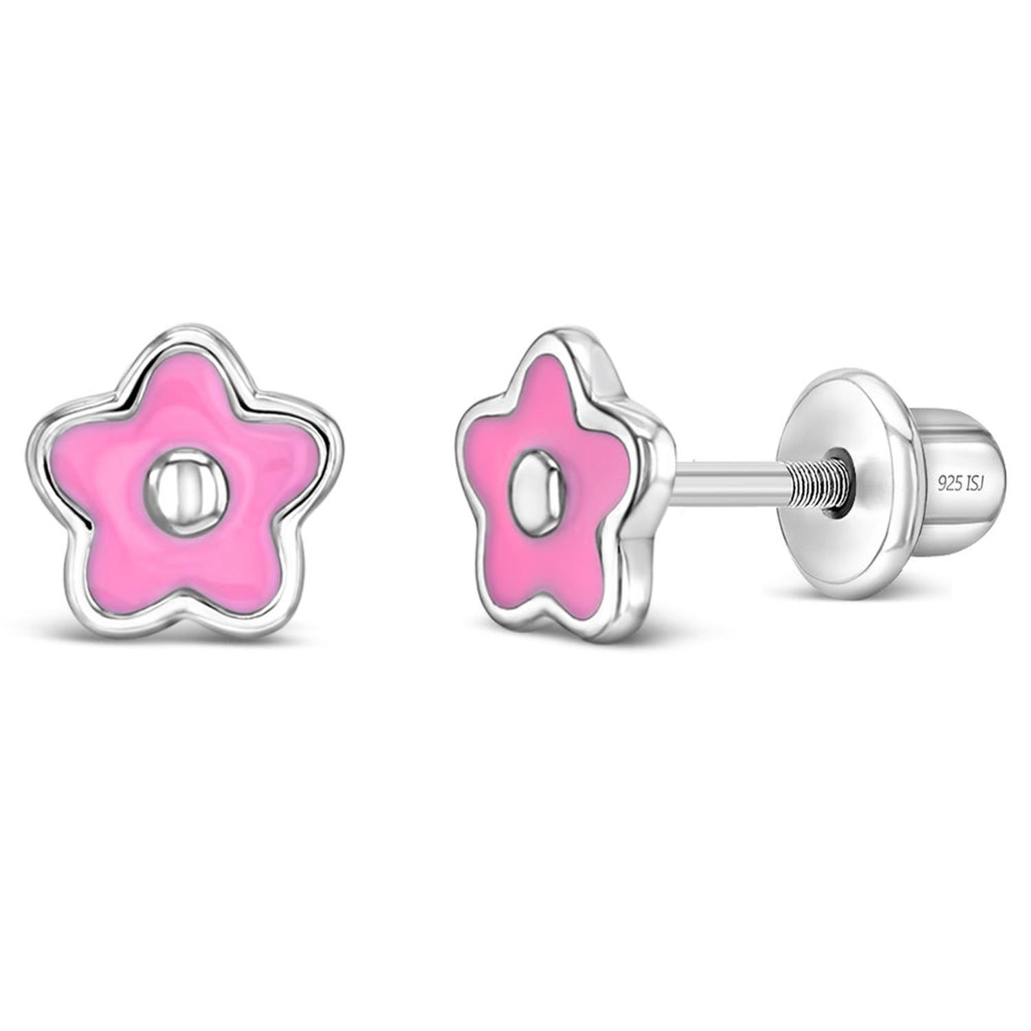 Aros de flor con esmalte rosado de 6 mm para niñas-1