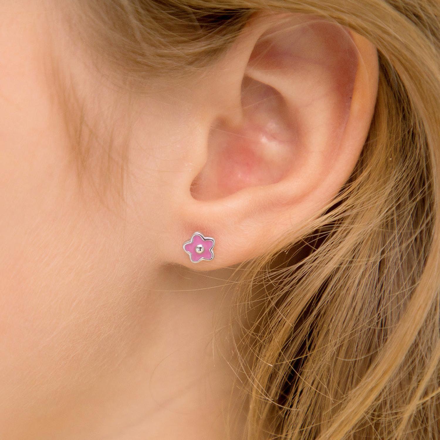Aros de flor con esmalte rosado de 6 mm para niñas-2