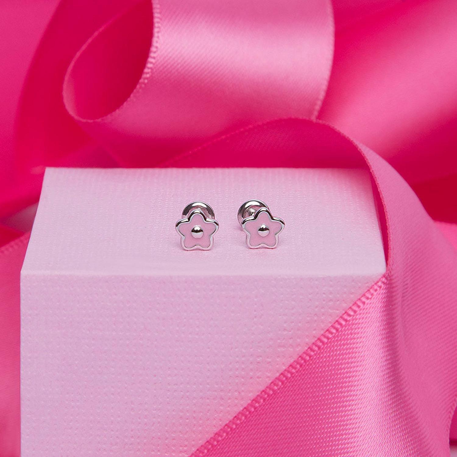 Aros de flor con esmalte rosado de 6 mm para niñas-3