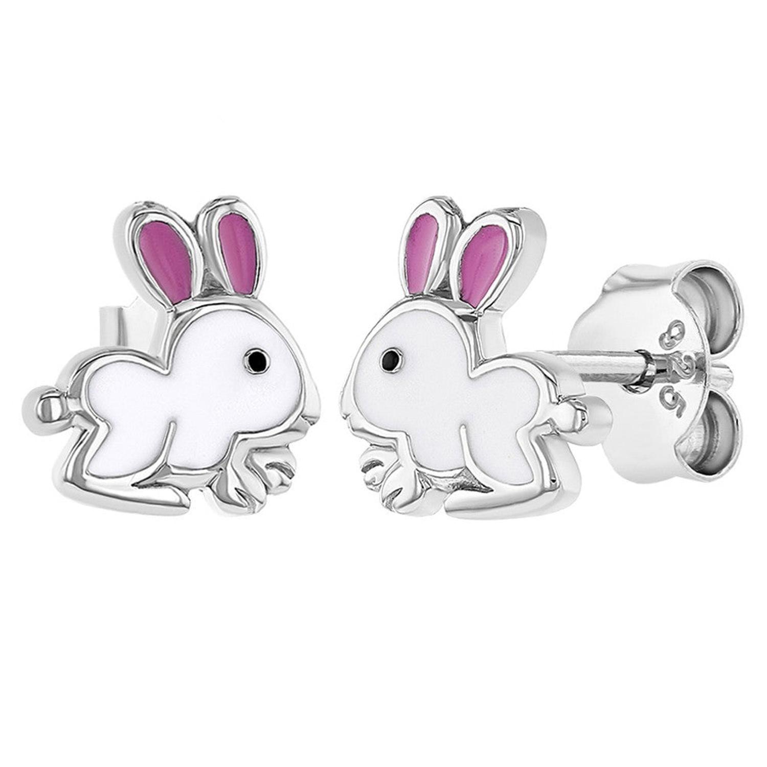 Aros de conejo esmaltados rosa y blanco para niñas-0