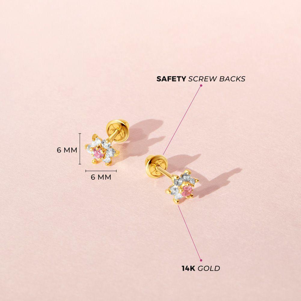 Aros de flor de oro 14k con circonias para bebes-3
