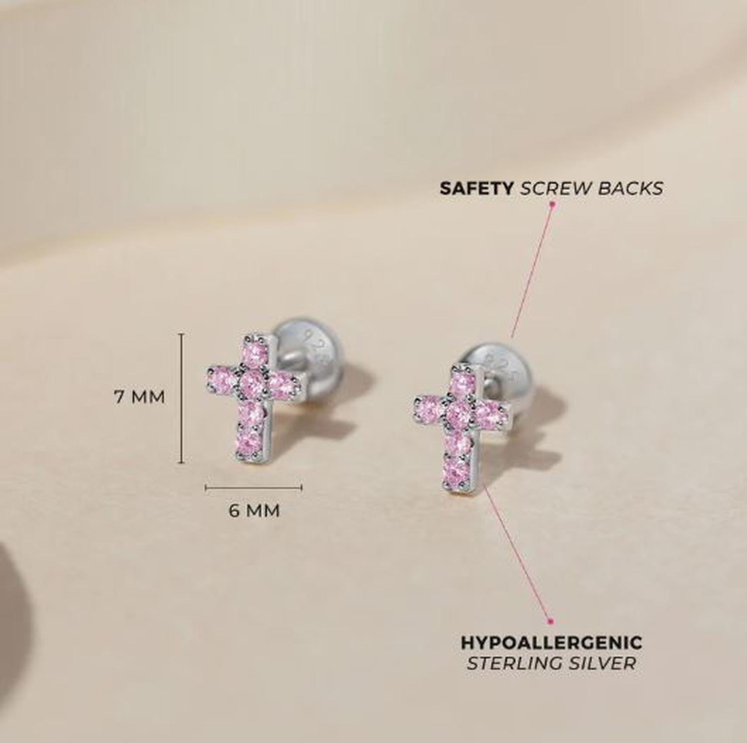 Aros de cruz de plata 925 certificada con circones rosados para bebes y niñas-2