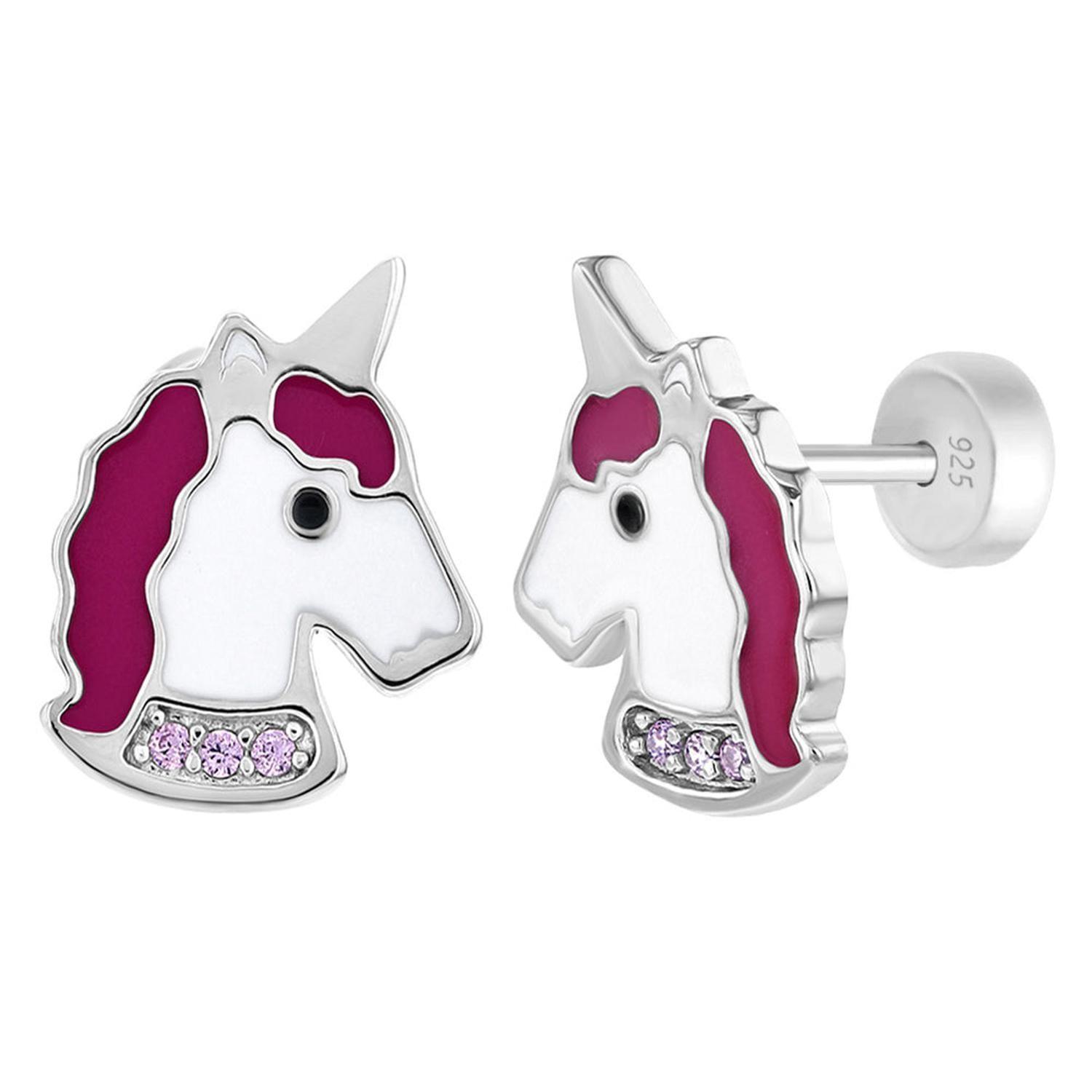 Aros de unicornio de plata 925 con esmalte rosa y correa de circones para niñas-1